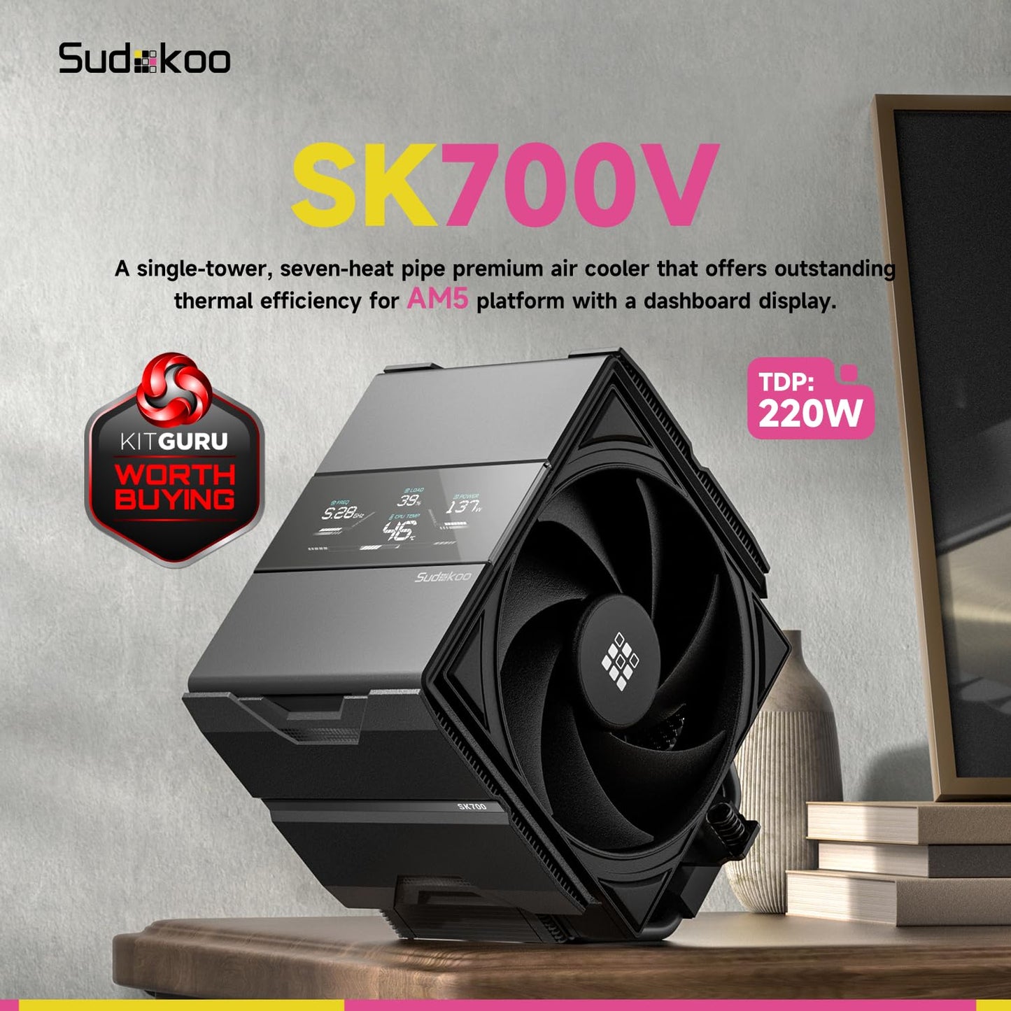 Sudokoo SK700V White AM5 CPU Cooler : 7 Heatpipes CPU Air Cooler with Digital Display for AM5 Exclusive - Single Tower PC Cooling with 120mm FDB PWM Quiet Fan & L-Rail Lock Mount