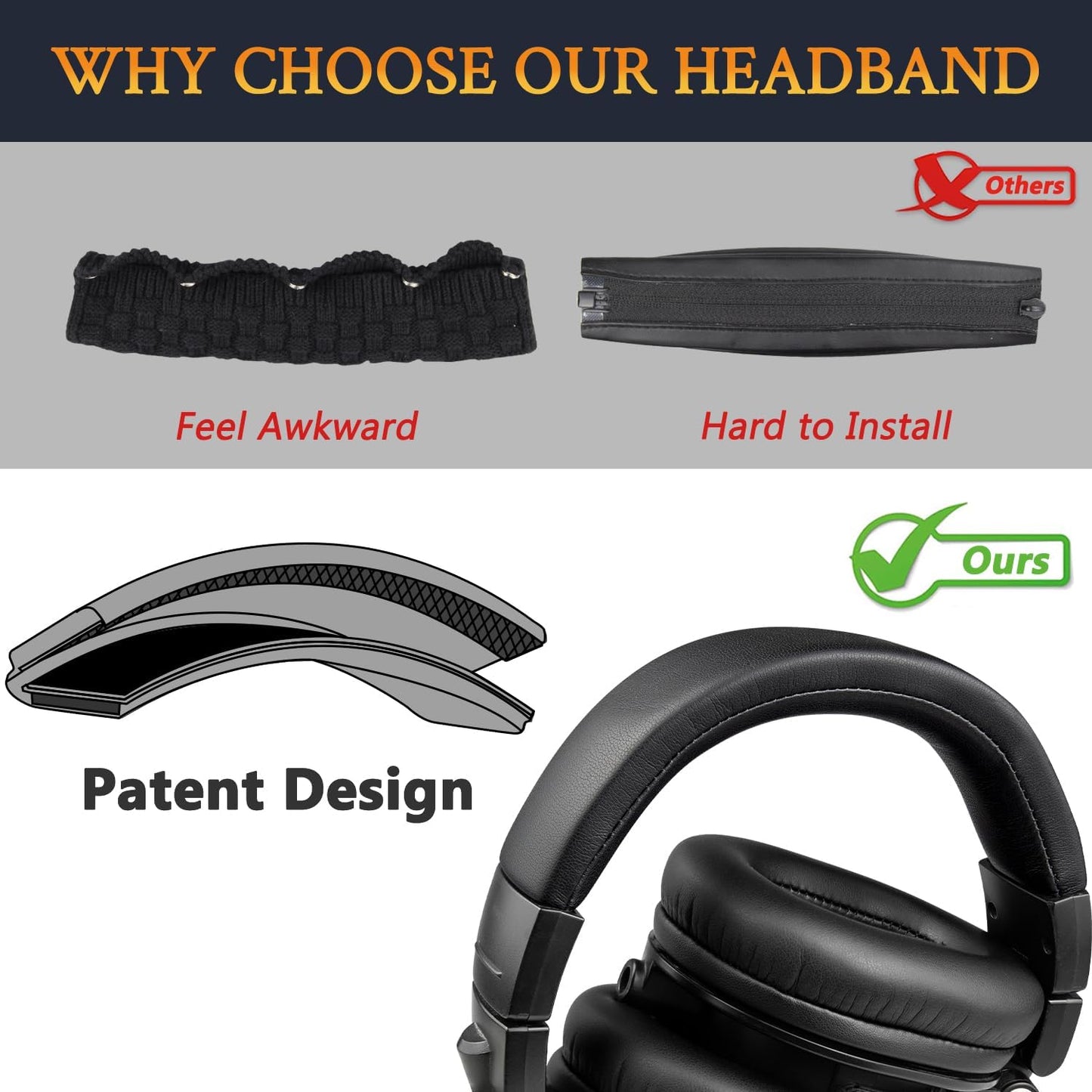 SOULWIT Protein Leather Headband Cover for Audio Technica ATH M50, M50X, M50XWH, M50XBT, M50XBT2, M50S/LE, M50xSTS Headphones, Replacement Headstrap Pad Repair Part (Black)