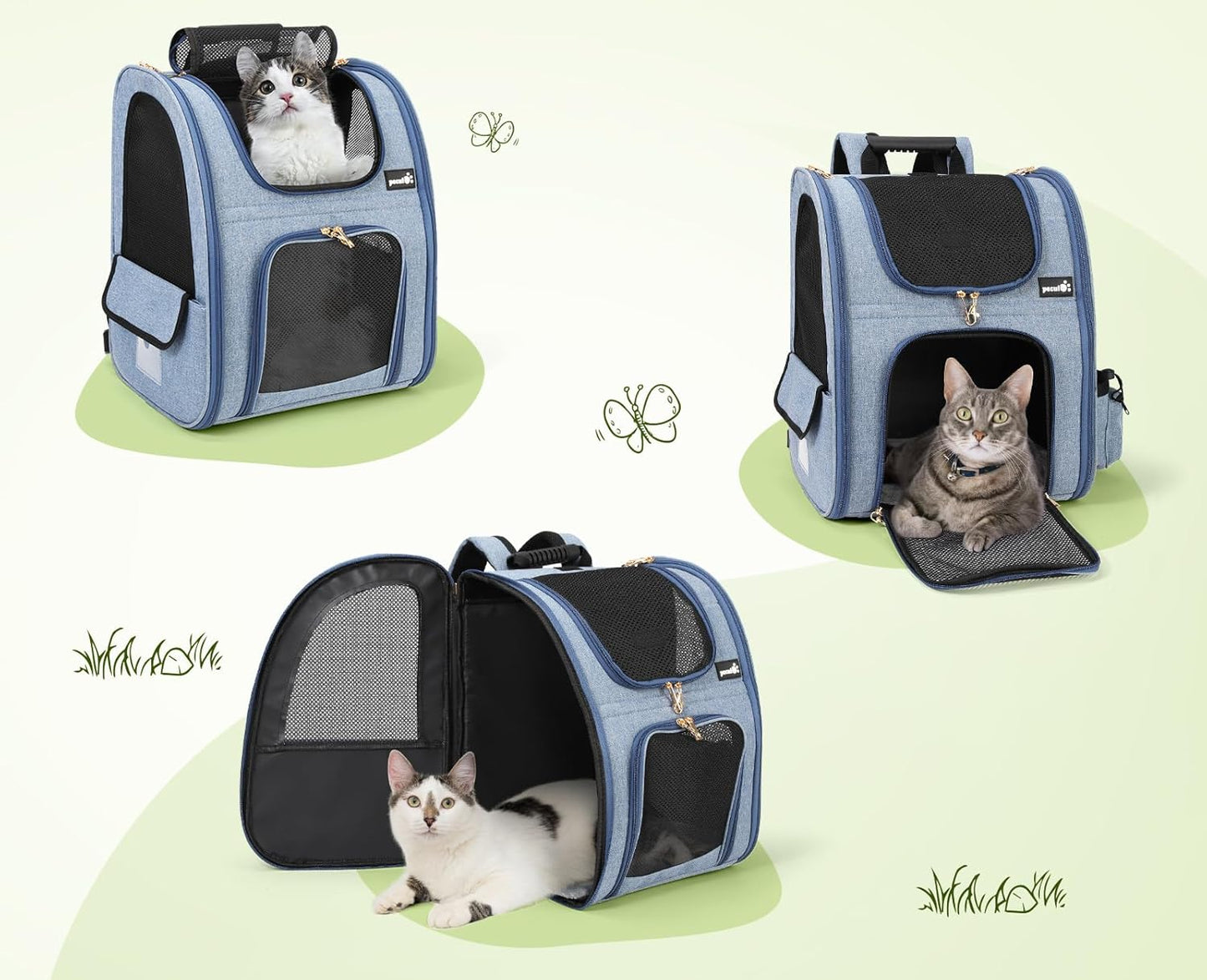 Pecute Cat Backpack with Breathable Mesh, Dog Backpack Carrier with Multi-Pockets for Cats Puppies, Pet Backpack Carrier for Travel Hiking Camping Outdoor (Gray)