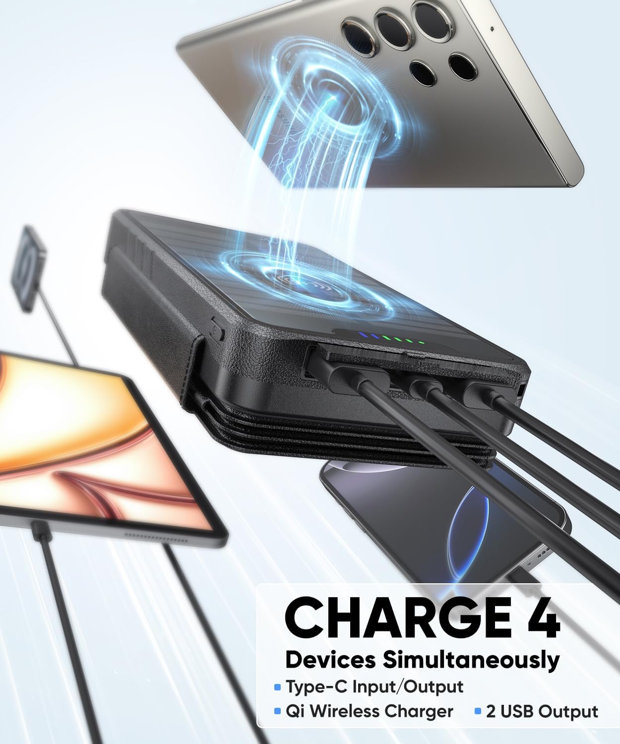 Solar Charger Power Bank - 38800mAh with Dual 5V3.1A Outputs 10W Qi Wireless Charger Waterproof Built-in 4 Solar Panel and Bright Flashlights (Deep Black)