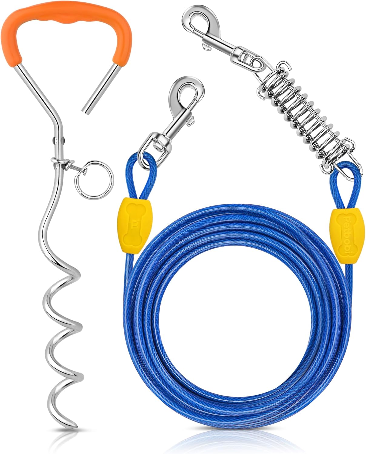 Petbobi Dog Tie-Out Cable and Stake - 30ft Heavy Duty Cable with Spring, No Tangle, 16in Ground Stake, Ideal for Yard, Camping and Beach, Suitable for Small Medium Large Dogs Up to 120 lbs, Blue