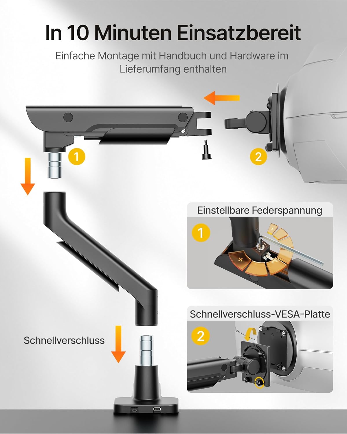 monTEK Premium Aluminum Monitor Arm for 17–57” Ultrawide Screens up to 59 lbs, USB 3.0 Single Desk Mount with Adjustable Gas Spring, Quick-Release Plate, 10-Min Assembly, Clamp/Grommet, VESA 100x100