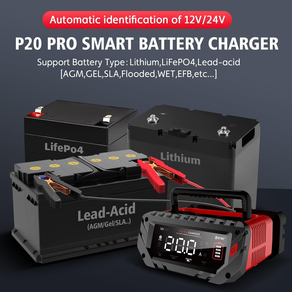 Lithium Lifepo4 Battery Charger,12V 24V Fully Automatic Car Battery Charger, 12 Volt-20A, 24 Volt-10A Trickle Charger maintainer, AGM Deep Cycle Battery Charger - PuriLite