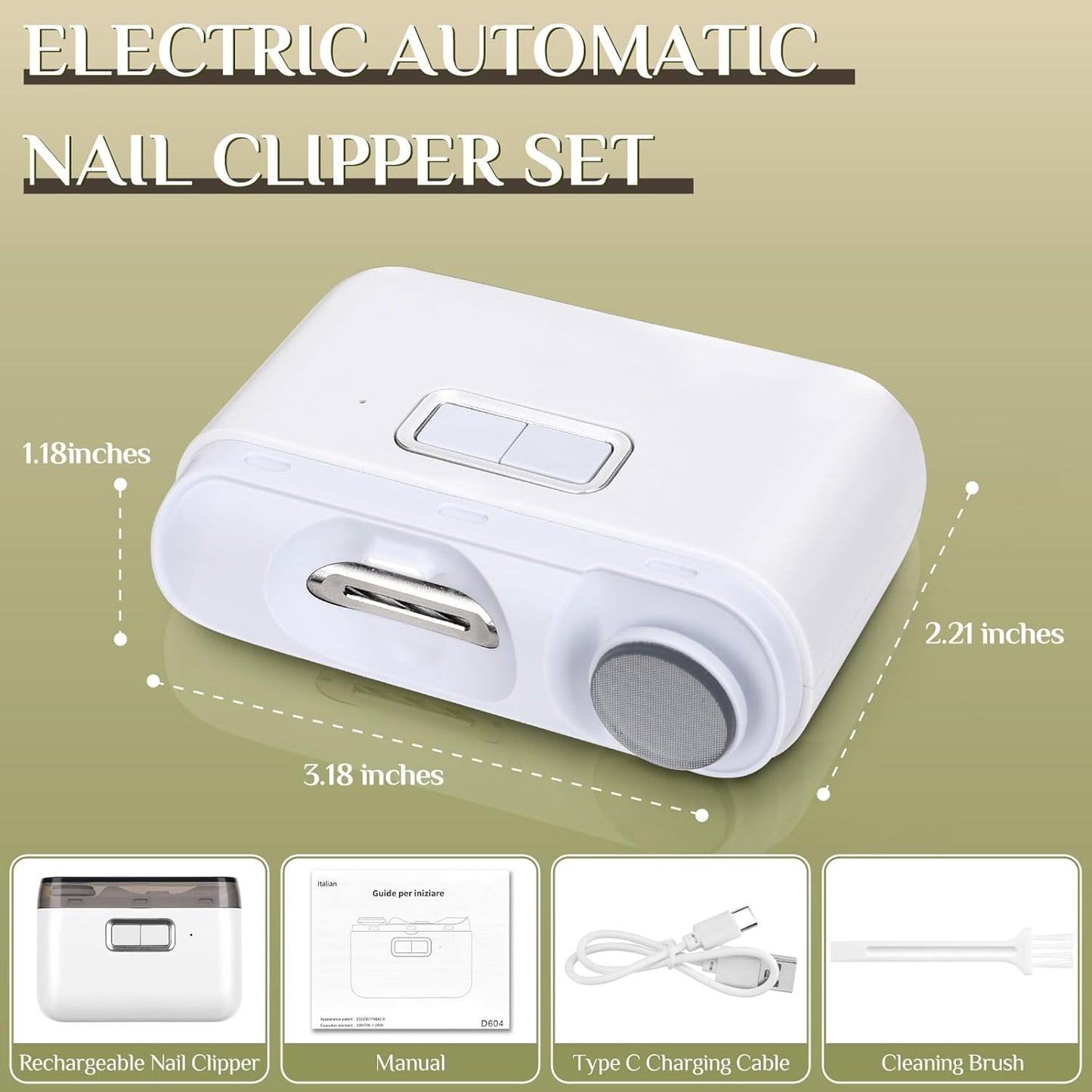 Automatic Electric Nail Clipper 2 in1 Fingernail Cutter and Polisher with LED Light 2 Polish Heads 2 Speeds A Nail Scraps Storage Rechargeable Safety Fingernail Trimmer for Baby Kids Elderly Nail Care - PuriLite