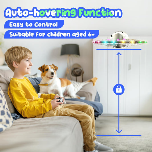 Foam RC Flying Drone for Kids with LED Lights – Remote Control Aircraft with Auto Hover, Easy Controls, 2 Rechargeable Batteries, Colorful Light-Up Toy