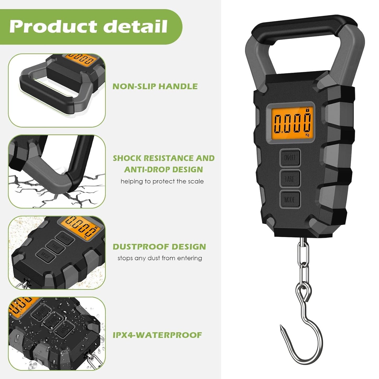 KeeKit Digital Fishing Scale with Ruler, 110lb/50kg Electronic Digital Luggage Scale, Waterproof Fishing Postal Hanging Hook Scale with Measuring Tape, Backlit LCD Display