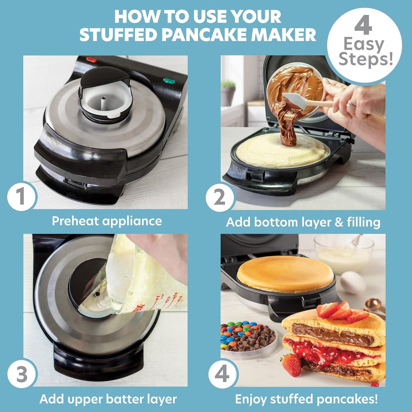 Electric Stuffed Pancake Maker- Make a GIANT Stuffed Waffle or Pan Cake in Minutes- Add Fillings for Delicious Breakfast or Dessert, Nonstick Baker Machine w Silicone Batter Funnel for Easy Use- Gift