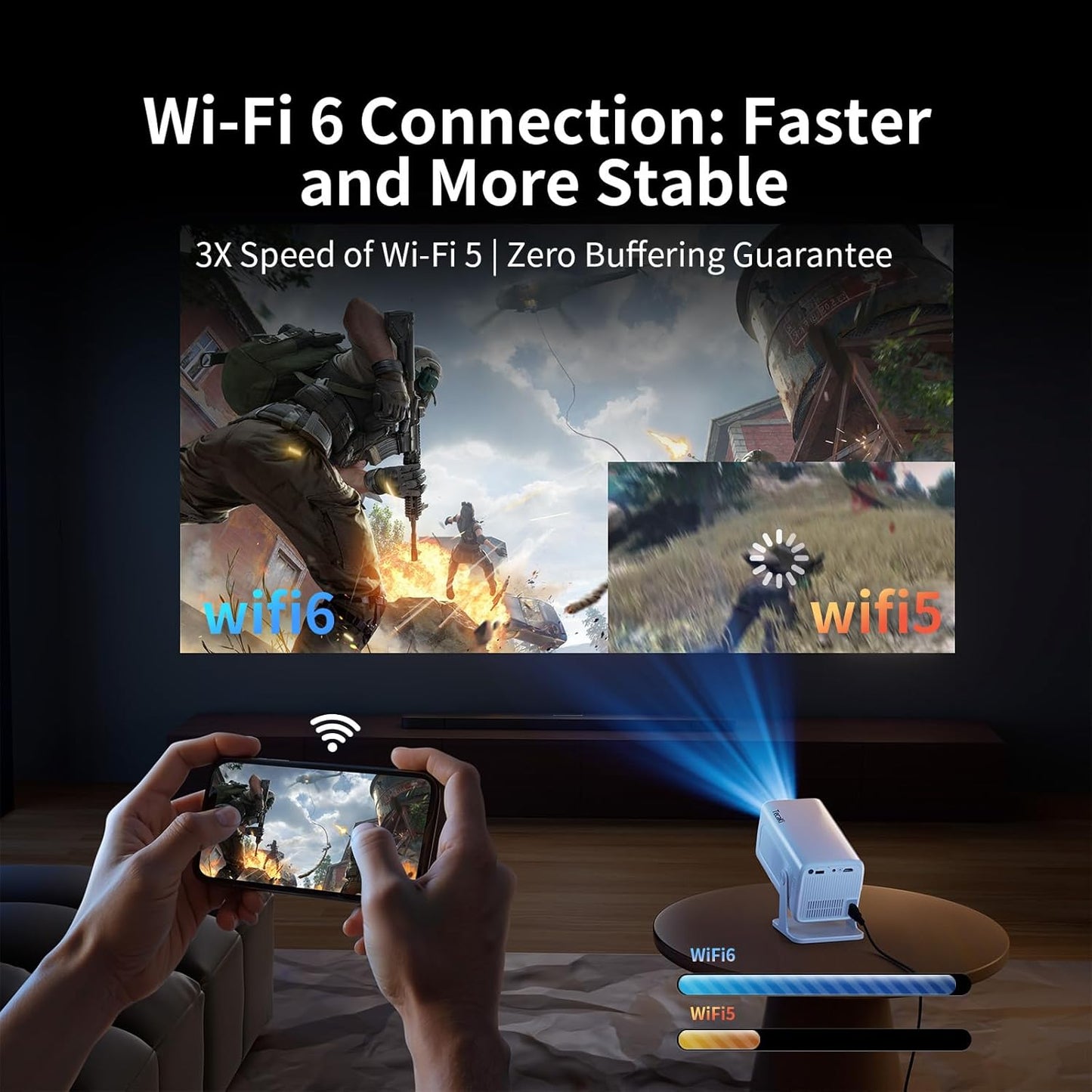 Tecaki Mini Projector Native 1080P, 4K Projector with WiFi and Bluetooth 5.2, Electric Focus & 180° Rotation, Portable Outdoor Projecteur Compatible with HDMI, USB, TV Stick, PS5 for Home, Outdoor Use