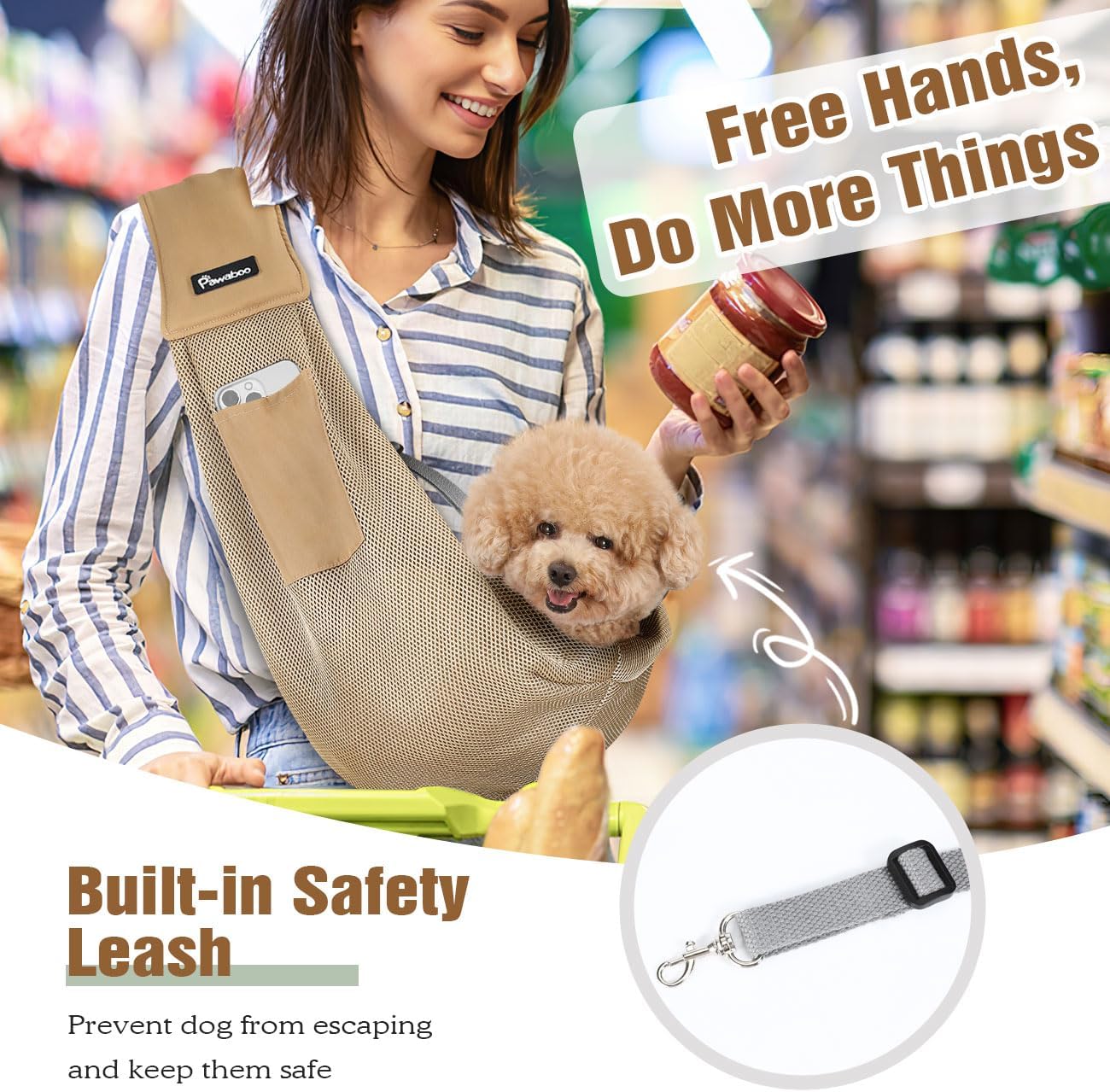 Pawaboo Small Dog Sling Carrier, Reversible Hands Free Dog Sling Carrier for Small Dogs and Cats, Puppy Sling Carrier with Adjustable Strap Buckle & Safety Harness, Puppy Essentials, Grey