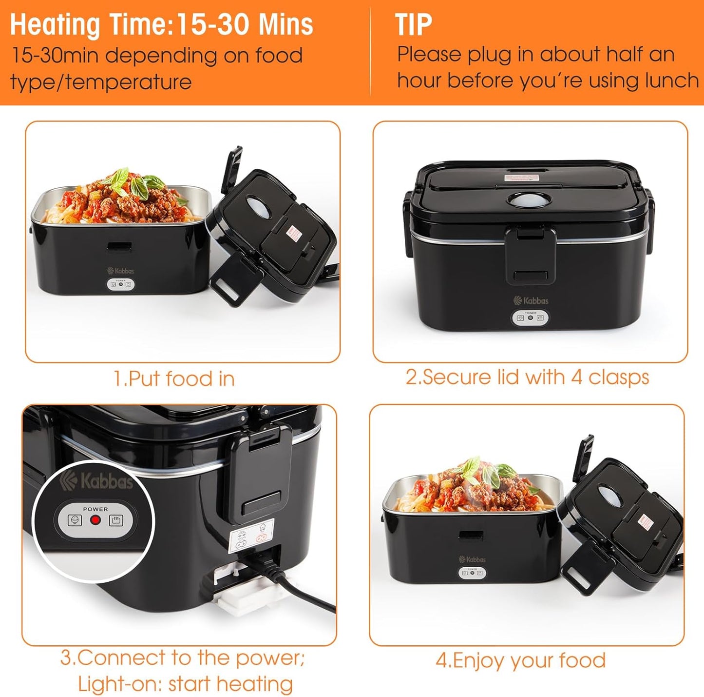 Kabbas 1.8L Portable Electric Lunch Box for Adults, 100W Heated Lunch Box for Men with Removable Dual Container, Fast Heating Food Warmer, 12V/24V/110V for Car Truck Office lonchera eléctrica portátil