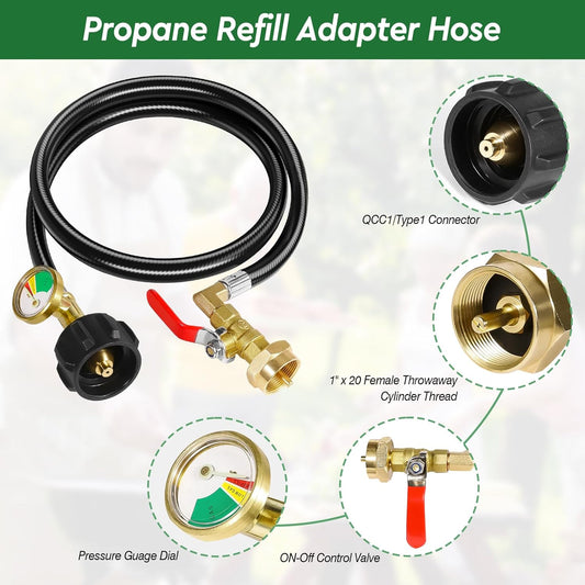 Propane Refill Adapter 20lb to 1lb Camping, Upgrade 3FT/36inch Propane Tank Refill Adapter Hose with Guage and ON-Off Control Valve, 2 Bottle Caps Included (PVC) - PuriLite