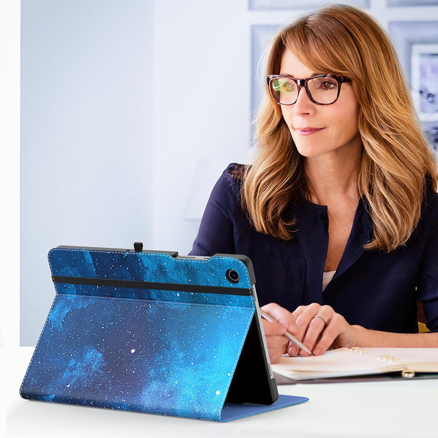 MoKo Case for Samsung Galaxy Tab A9 Plus 11" 2023 (SM-X210/SM-X216/SM-X218), PU Leather Multi-Angle Viewing Folding Stand Cover Case with Hand Strap, Front Pocket, Auto Wake/Sleep, Denim Blue & Brown