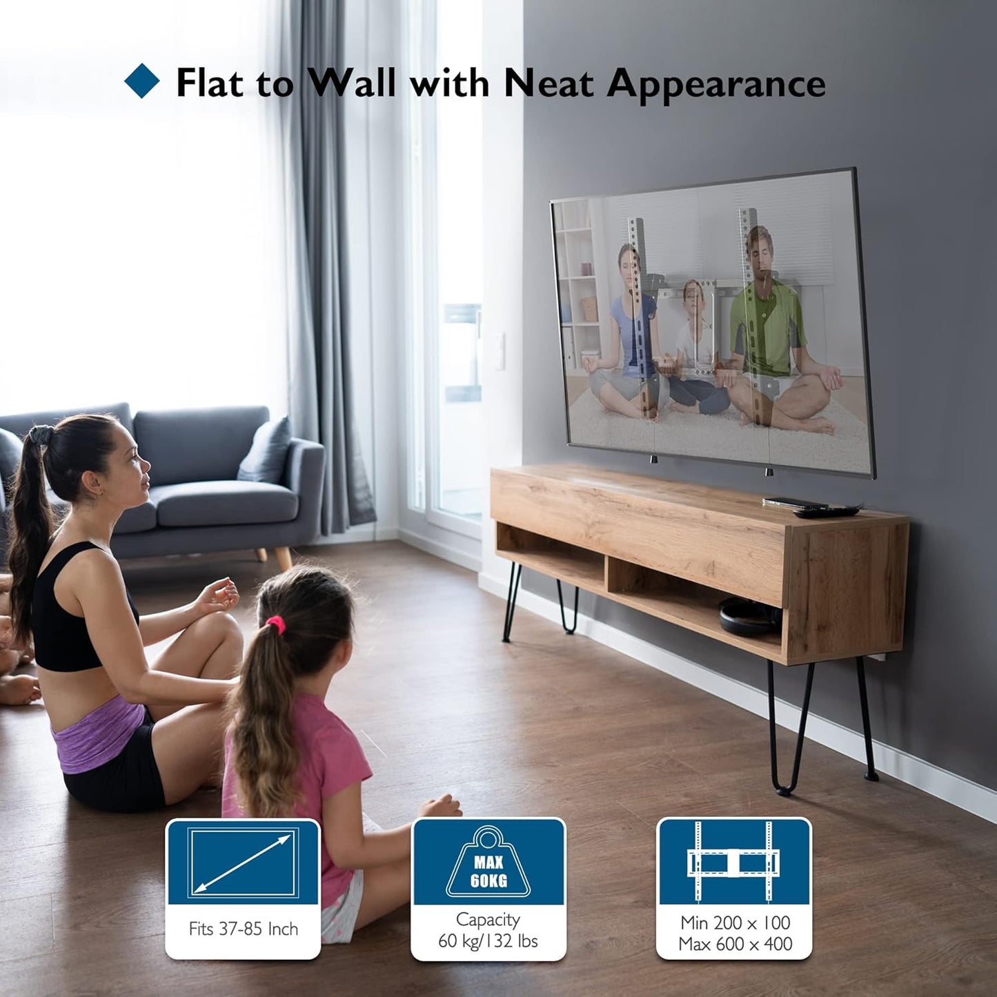 BONTEC TV Wall Mount for 37–85 Inch TVs, Tilting TV Mount Bracket for LED LCD OLED Flat Curved Screens, Low Profile 1.5in Design, Max VESA 600x400mm, Supports up to 132lbs, Fits 55 65 75 85 Inch
