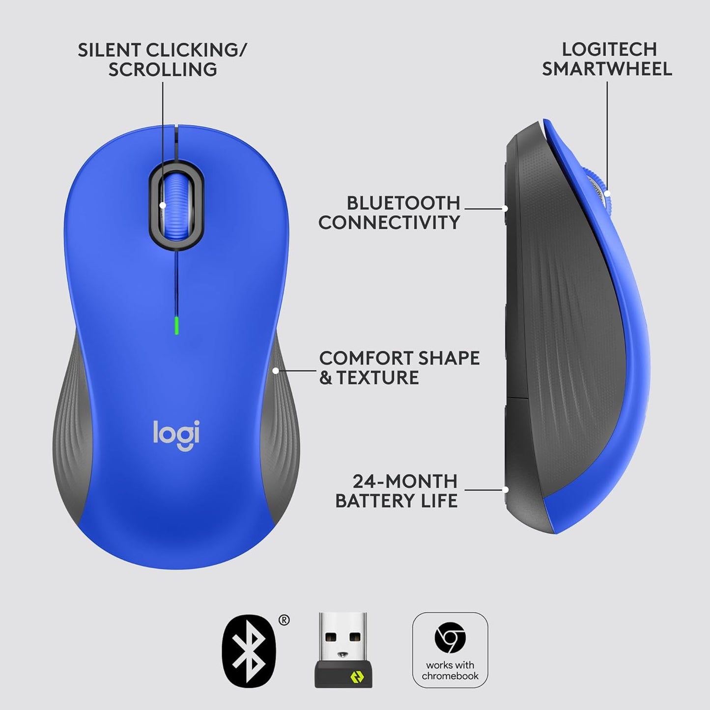 Logitech Signature M650 L Full Size Wireless Mouse - For Large Sized Hands, 2-Year Battery, Silent Clicks, Customizable Side Buttons, Bluetooth, for PC/Mac/Multi-Device/Chromebook - Black
