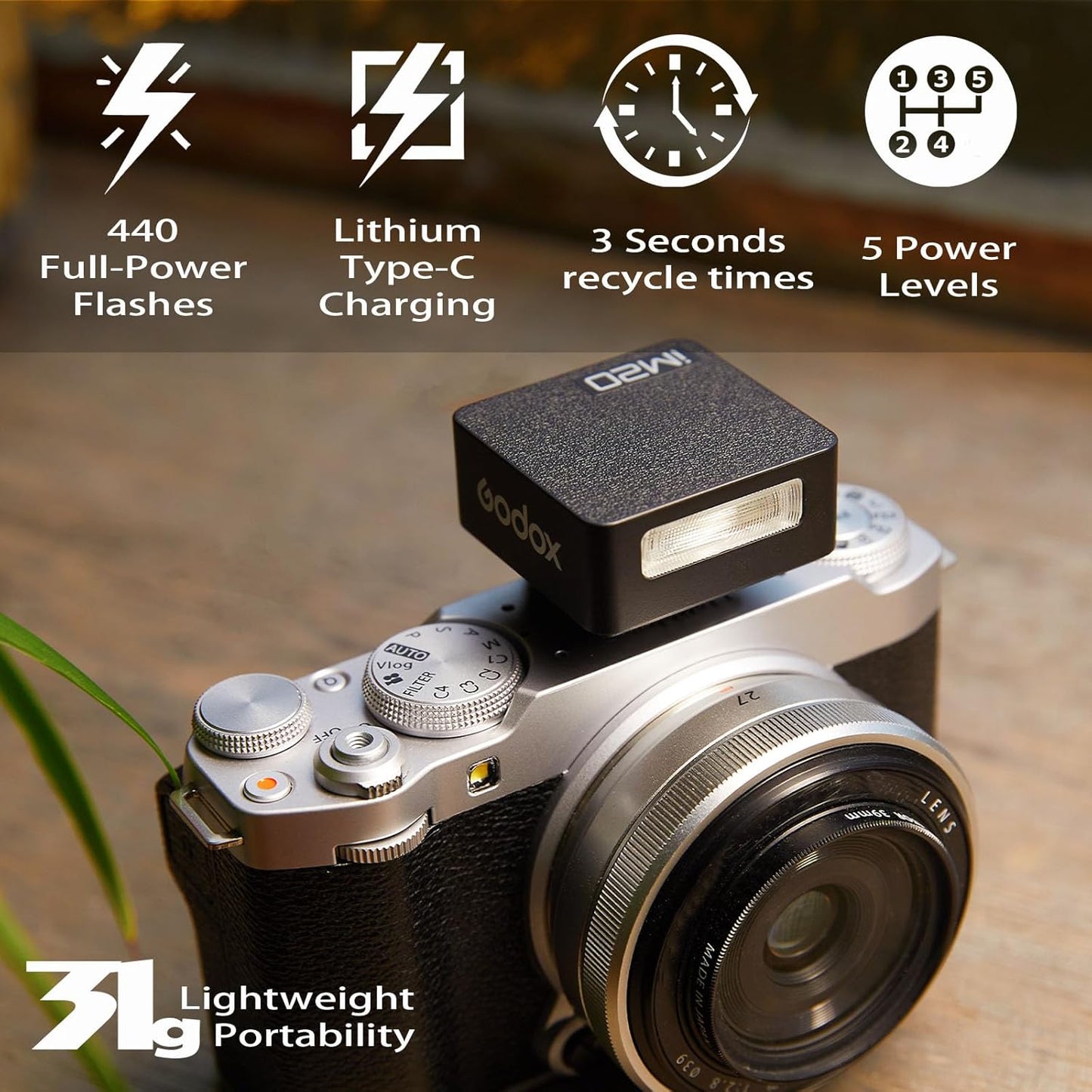 Godox Flash Godox iM20 Camera Flash - godox iM20 Mini Flash Manual 440 Full-Power Flashes/3s Recycle/5 Power Levels, Camera Flash for Sony zve10/Sony zv1/Sony a7iii/Ricoh gr3/Fujifilm f1 etc. (Black)