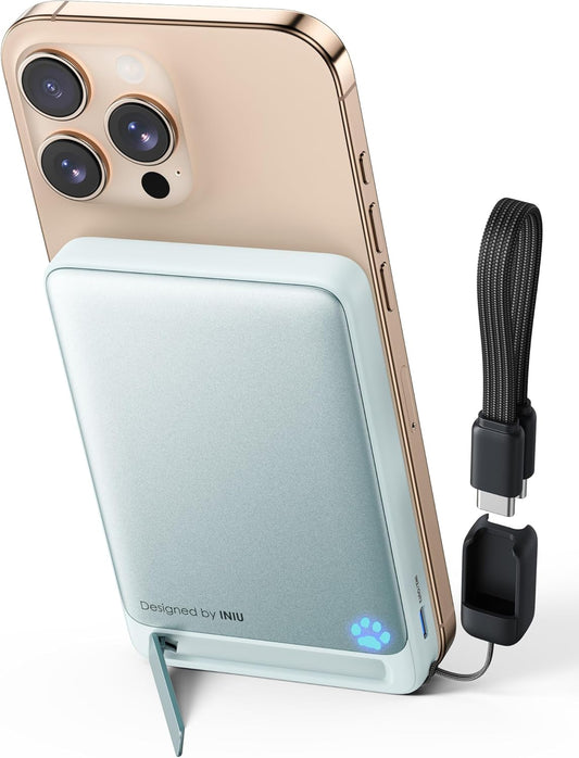 INIU for Portable Charger, Ultra Slim Qi2 Certified 10000mAh 45W Magnetic Power Bank, USB C in&Out Wireless Battery Pack with Foldable Stand, Phone Charger Only for iPhone 16/15/14/13/12 Series, Blue