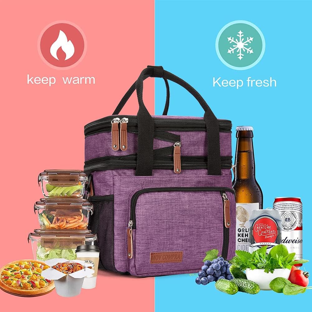 Lunch Bag Women Insulated Lunch Box for Work, Purple Expandable Large Lunch Bags, Leakproof Double Deck Lunch Box Cooler Bag(Purple)