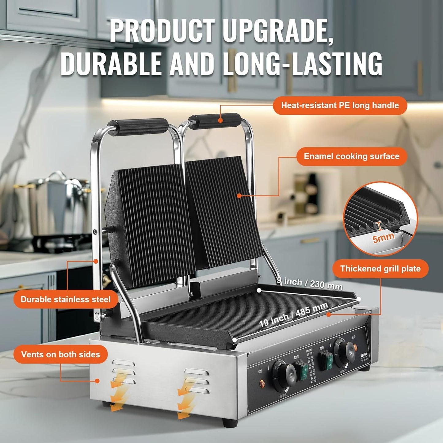 VEVOR 7 IN 1 Electric Contact Grill,1800W Indoor Panini Press Griddle,Stainless Steel Teppanyaki Grill with Nonstick&Removable Iron Plate, 0-446℉ Adjustable Temp Control,LCD Display,110V