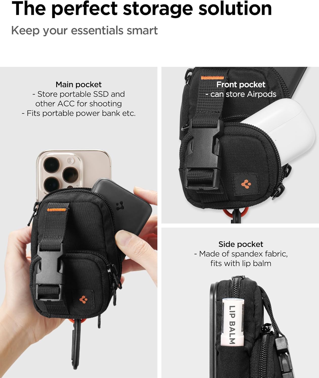 Spigen Snap Zip (MagFit) Magnetic Pouch Organizer EDC Everyday Carry SSD Card Storage Holder Wallet Belt, Backpack Clip Designed for MagSafe Compatible with iPhone 16/15/14/13/12 Models - Black