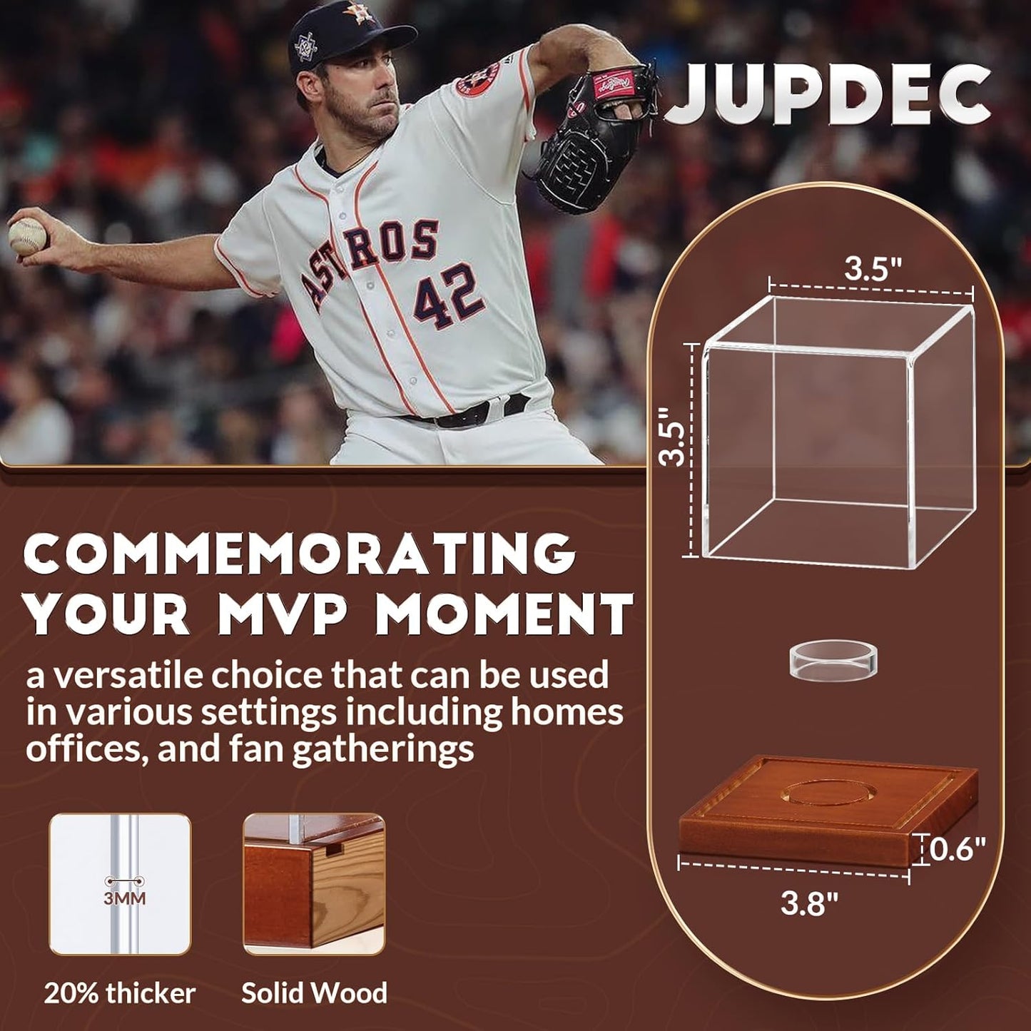 JupDec Baseball Display Case, Clear Cube Baseball Holder with Wooden Base, Autograph Baseball Stand Box for Single Ball, Acacia Wood, Brown, 1 Pack