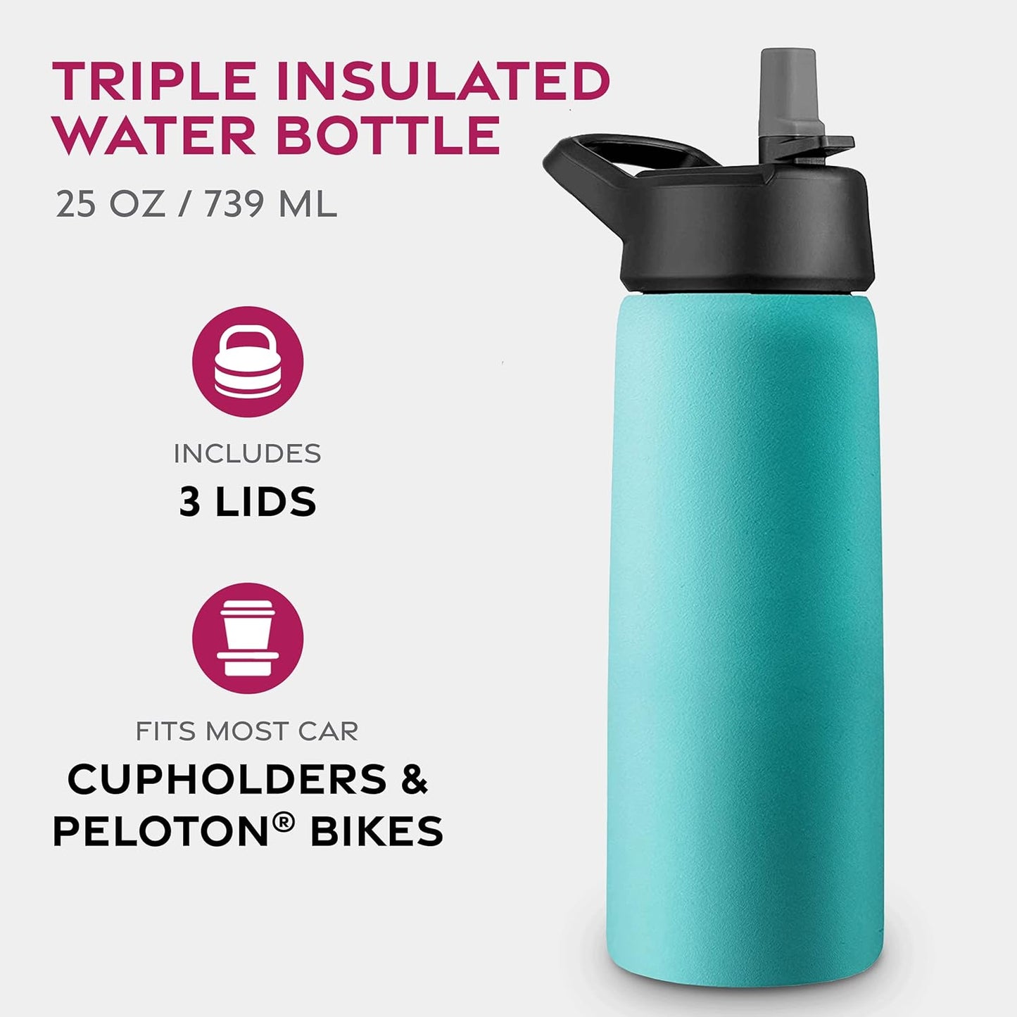 FineDine Water Bottle - Stainless Steel Insulated Water Bottle with Straw Lid, Flip Lid & Wide-Mouth Cap - Keeps Hot and Cold - 25 Oz / 739ml - Pure Pearly White