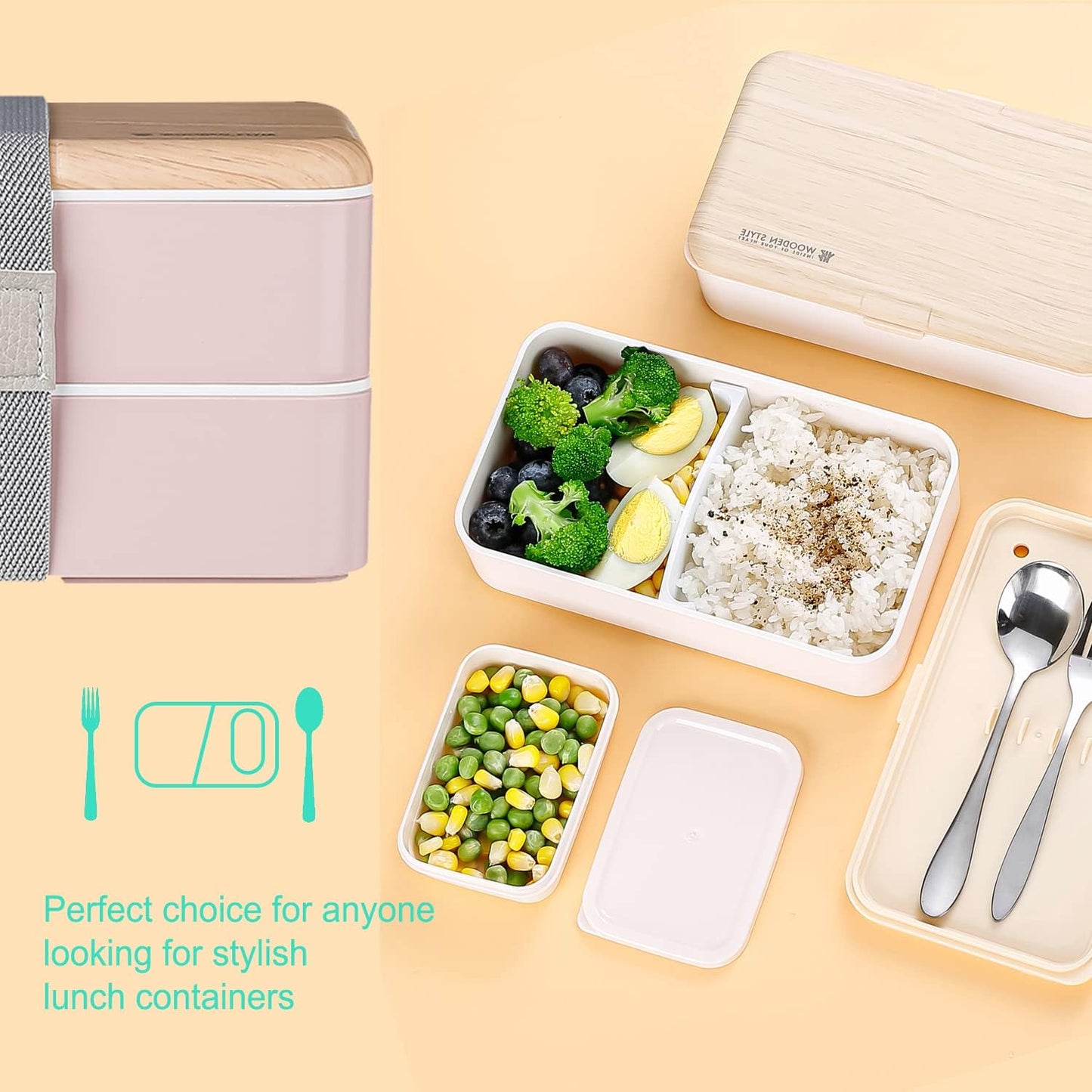 Original Bento Box Lunch Boxes Container Bundle Divider Japanese Style with Stainless Steel Utensils Spoon and Fork (Pink)