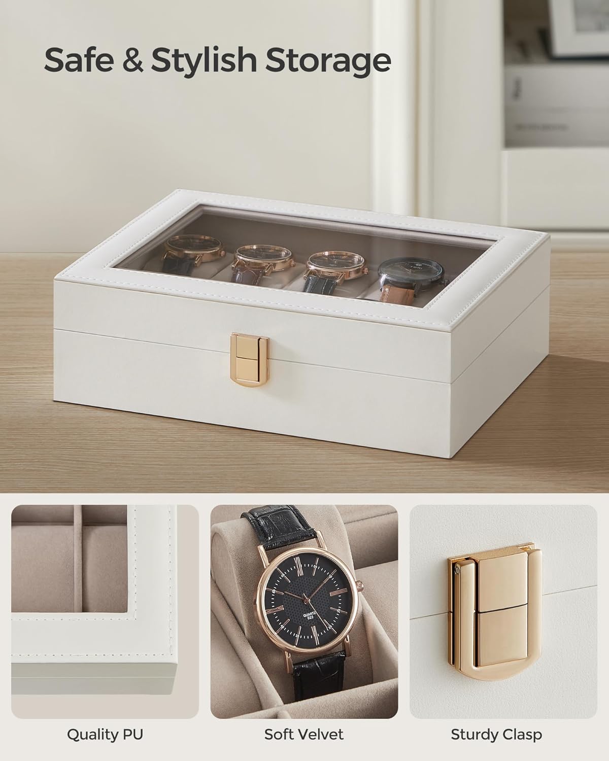 SONGMICS Watch Box, 6-Slot Watch Case, Watch Box Organizer, Black Synthetic Leather, Greenish Gray Lining UJWB06BK