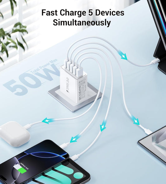 50W USB Wall Charger Block,2Pack 5-Port Charger Fast Charging Block QC 3.0 Multiport Box Brick Cube USB A Wall Plug for iPhone 16/15/14 Pro Max Plus, iPad,Galaxy, LG, Moto, Android Phones,AirPorts - PuriLite