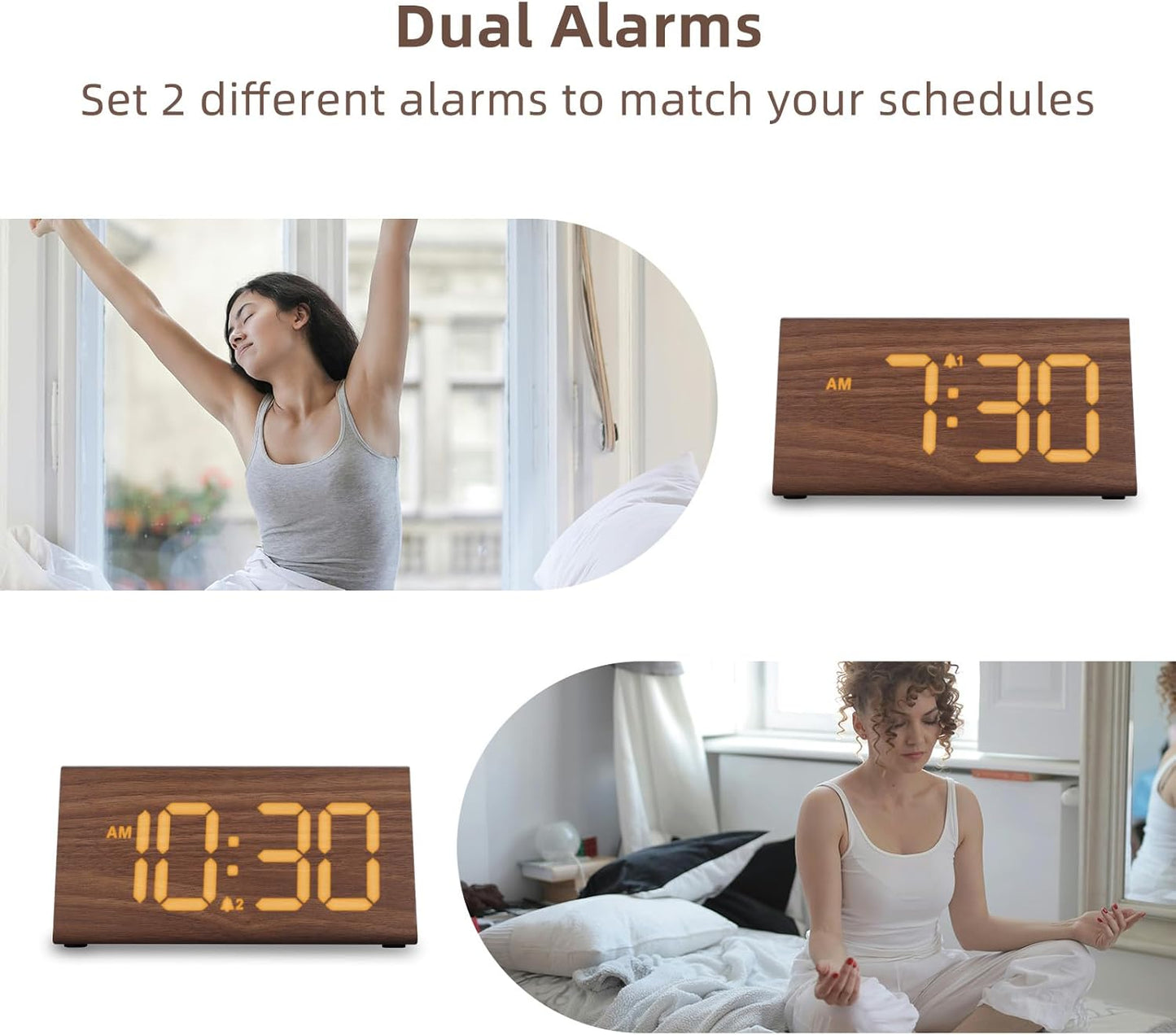 Odokee Wooden Digital Alarm Clock for Bedroom: Electric Desk Clock with Large LED Display - Brown