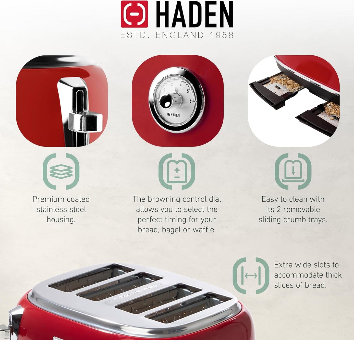 Haden Dorset 75083 Stainless Steel 1500W Retro Toaster 4 Slice Wide Slot w/Removable Crumb Tray and Settings, Black/Copper Toasters w/Adjustable Browning Control, Smart Toaster