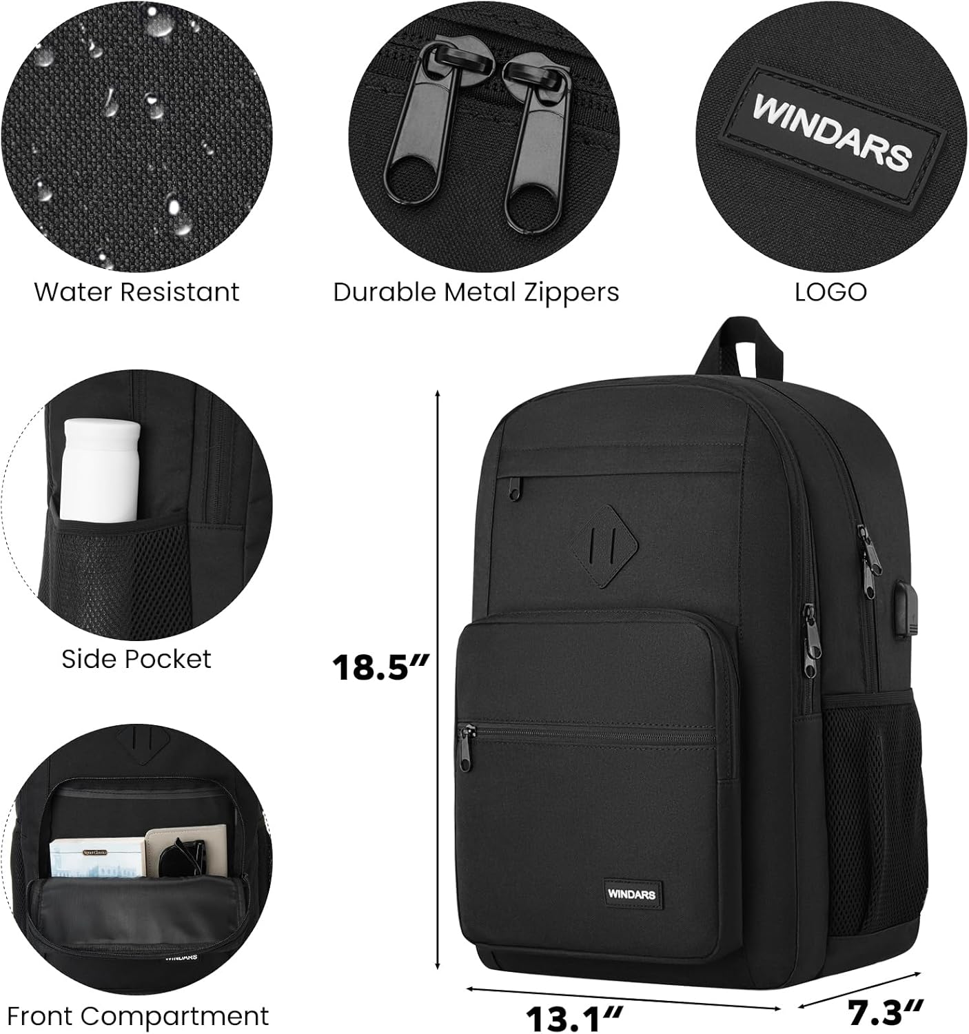 Black Backpack for Men Women, Durable Casual School Backpacks Teens Boys and Girls Classic 15.6 Inch Laptop Bookbag with USB Charger for College High School Work Travel