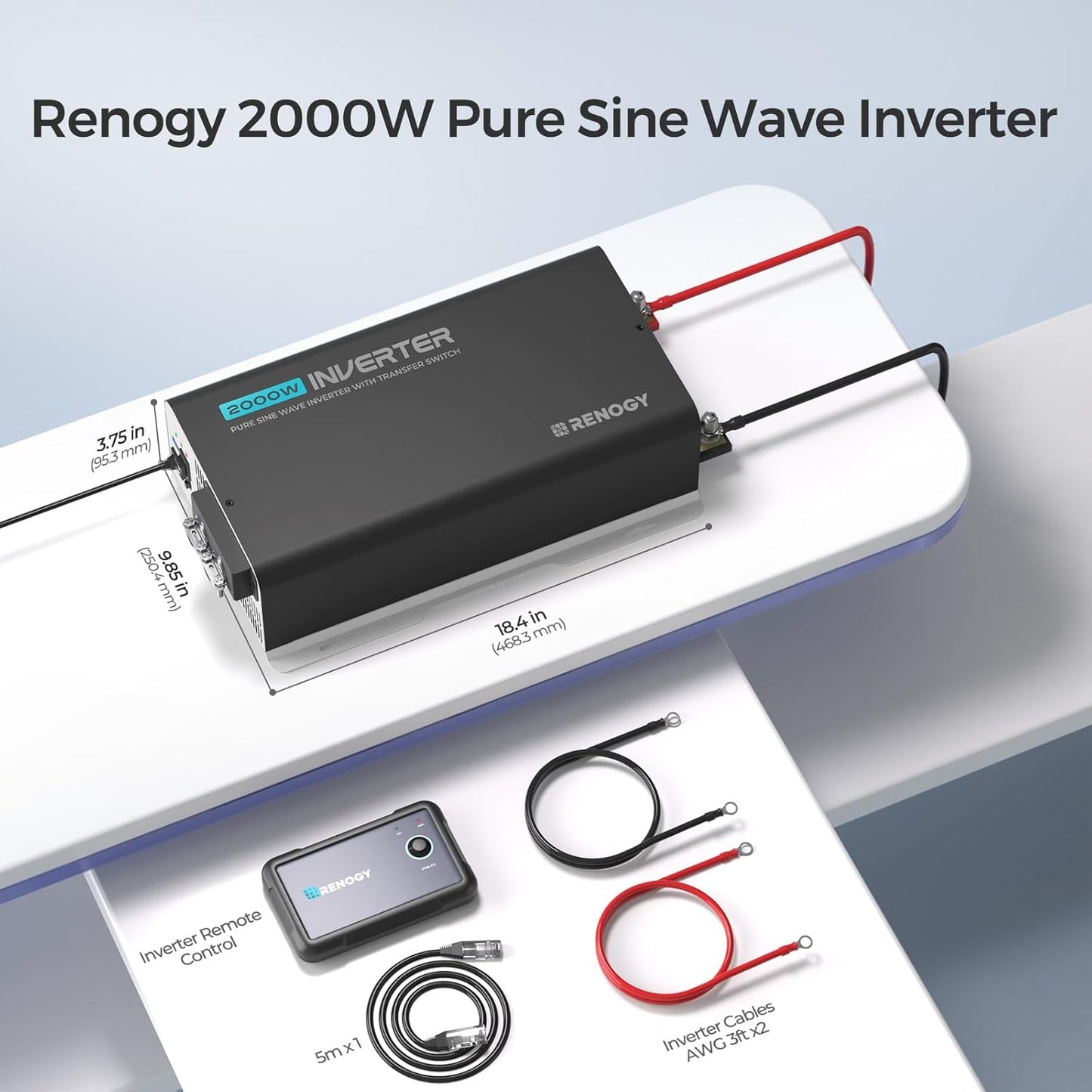 Renogy Pure Sine Wave Inverter 2000W Power Inverter 12V DC to 110V 120V AC Converter, Solar Inverter 12V to 110V 120V Converter with UPS Transfer Switch, Built-in Bluetooth, USB, Remote Controller