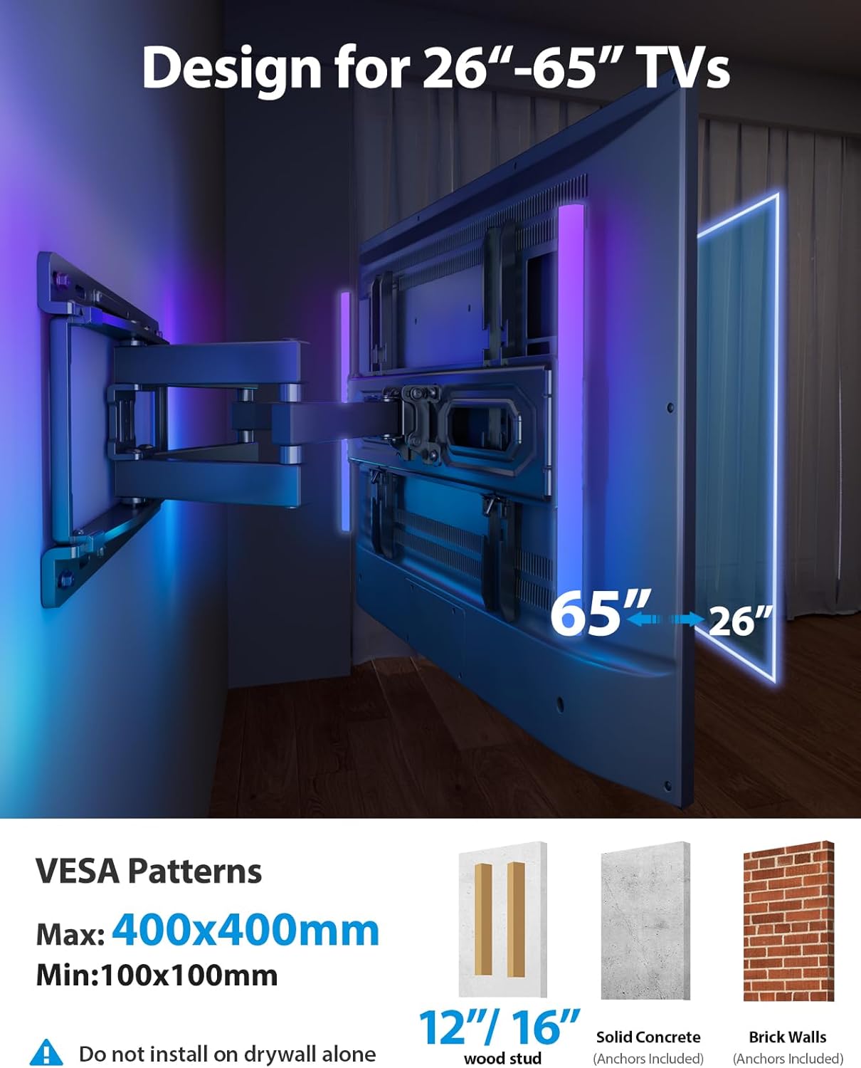 Pipishell Pre-Assembled TV Wall Mount with LED Lights for 26-65 inch TVs up to 99 lbs, Max VESA 400x400mm, Swivel, Extension, Tilt, TV Backlights with Music Sync, Fits 16”/12” Wood Studs, PIMF20