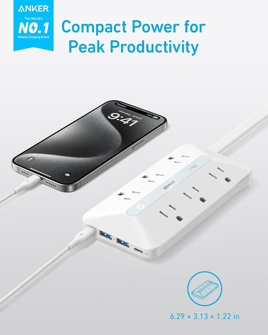 Anker Flat Plug Power Strip 300J with USB Ports, 10-in-1 Ultra Thin Power Strip with 6 AC, 2 USB-A and 2 USB-C Ports,5feet Extension Cord, Desk Charging Station,Home Office College Dorm - PuriLite