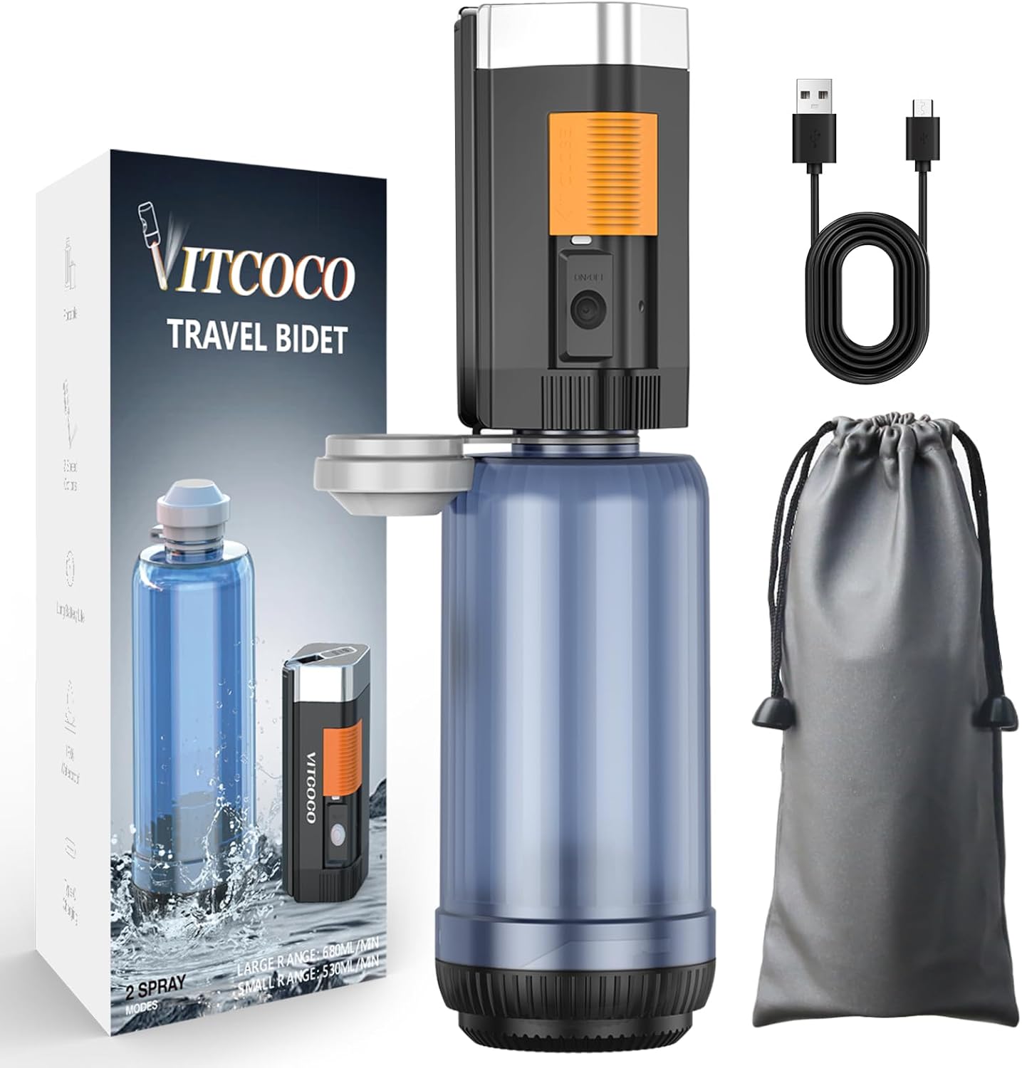 VITCOCO Rechargeable Portable Bidet for Travel, High Pressure Handheld Sprayer with IPX7 Waterproof, 400ml Travel Bidet with Anti-Mistouch Design for Women/Men, Postpartum Care, Hygiene Cleaning