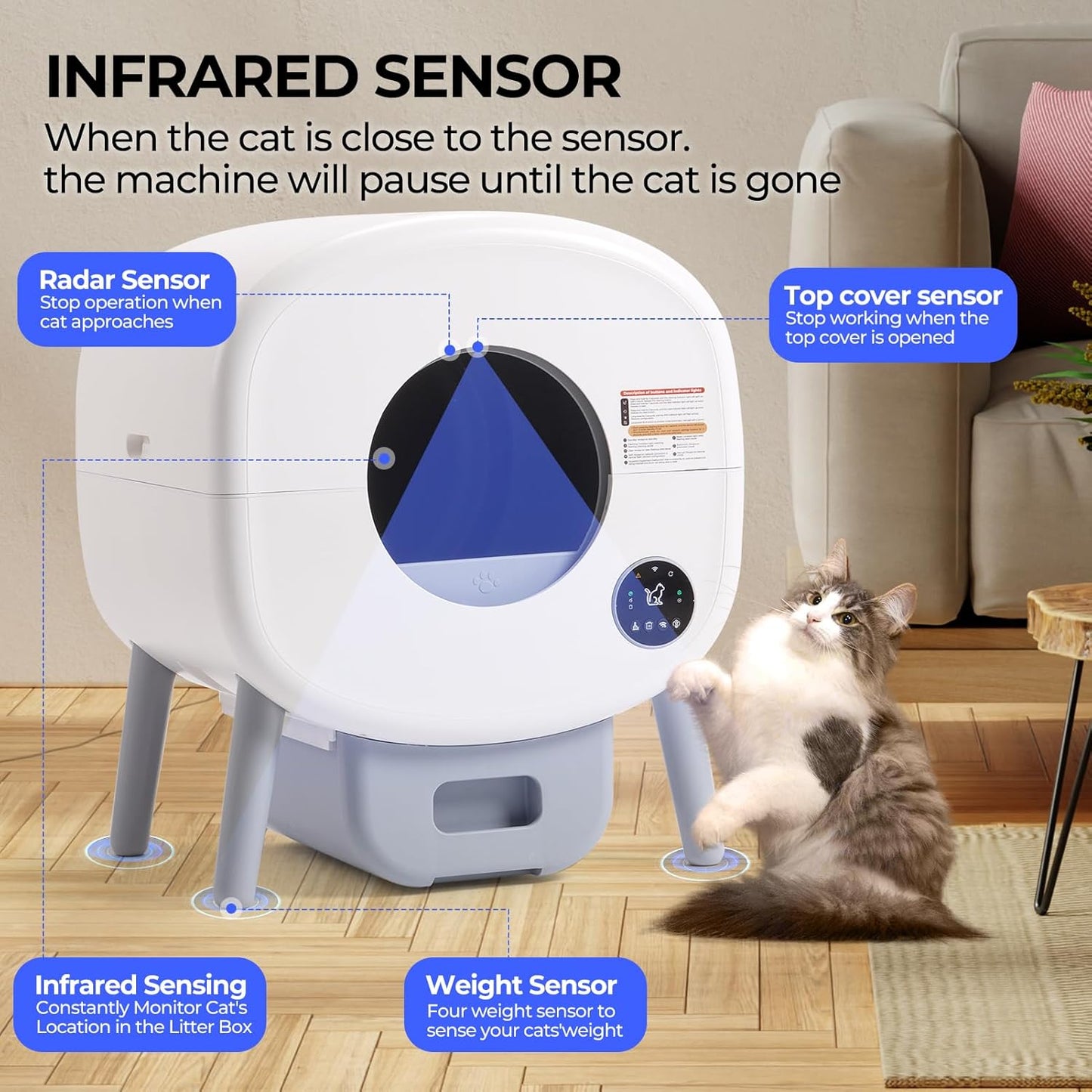 Fsitego Self Cleaning Cat Litter Box: Extra Large Automatic Litter Box for Multiple Cats, Odor-Free, App-Controlled, Ambient Light Waste Disposal