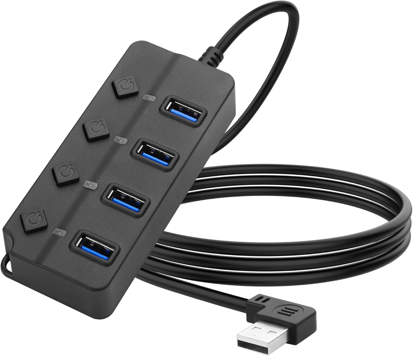 90 Degree USB Hub Splitter YACSEJAO USB 2.0 Data Hub with Individual LED Button On/Off Switch DC5.5 * 2.1 Power Port for Laptop,PC Computer (7 Ports, 0.3M)