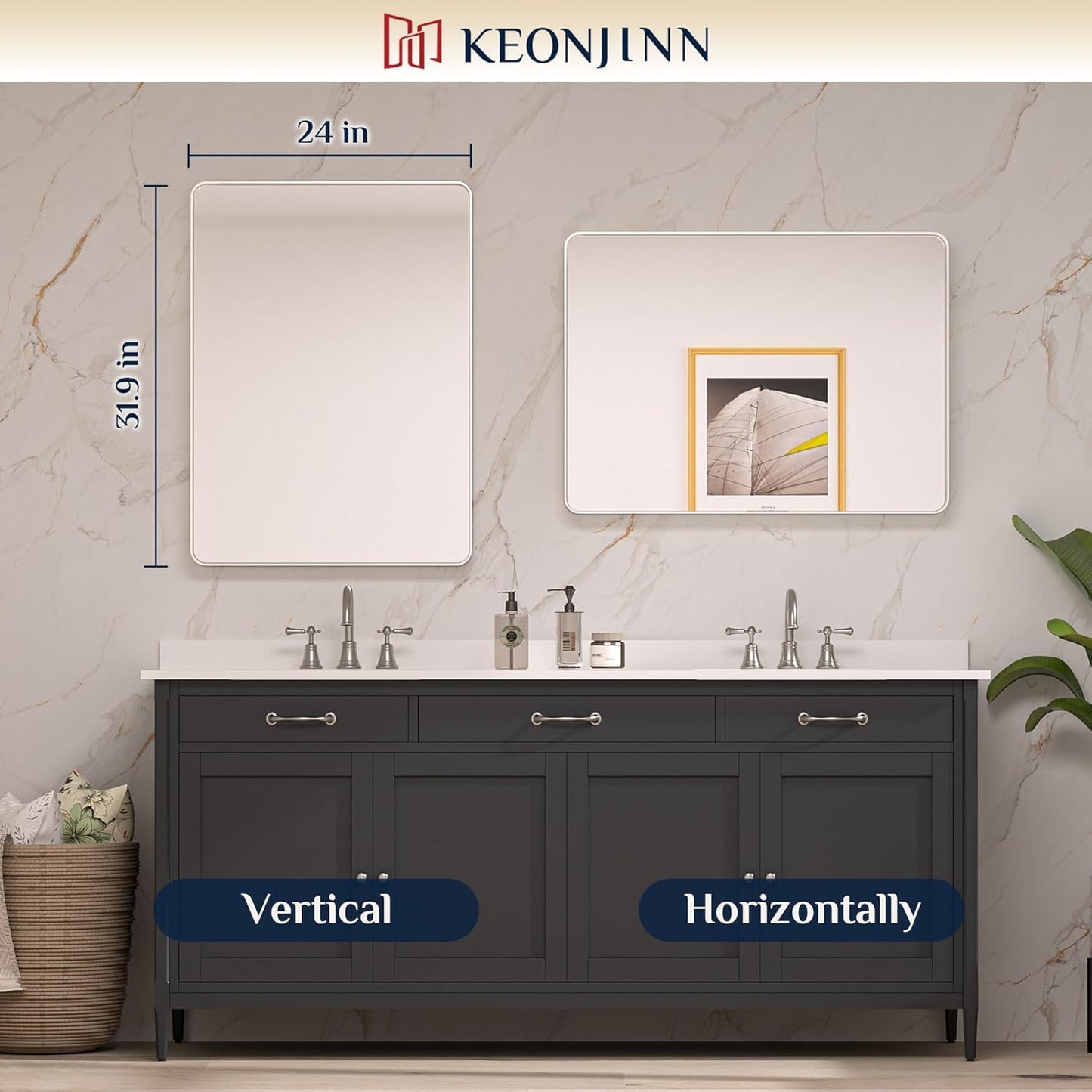 Keonjinn 42 x 36 Brushed Nickel Bathroom Vanity Mirror, Large Rounded Rectangle Bathroom Mirrors for over Sink, Metal Framed Silver Mirror for Wall, Shatterproof HD Tempered Glass(Horizontal/Vertical)