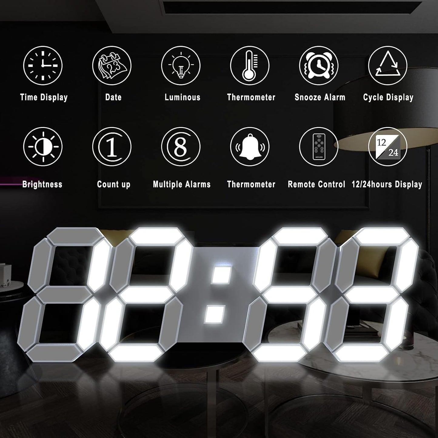 EDUP HOME 3D LED Wall Clock Desk Alarm Clock 7 Colors 9.7" with Remote Control, Digital Alarm Clock Adjustable Brightness Timer 12/24 Hr Time/Date/Temperature for Kid Bedroom/Kitchen/Office