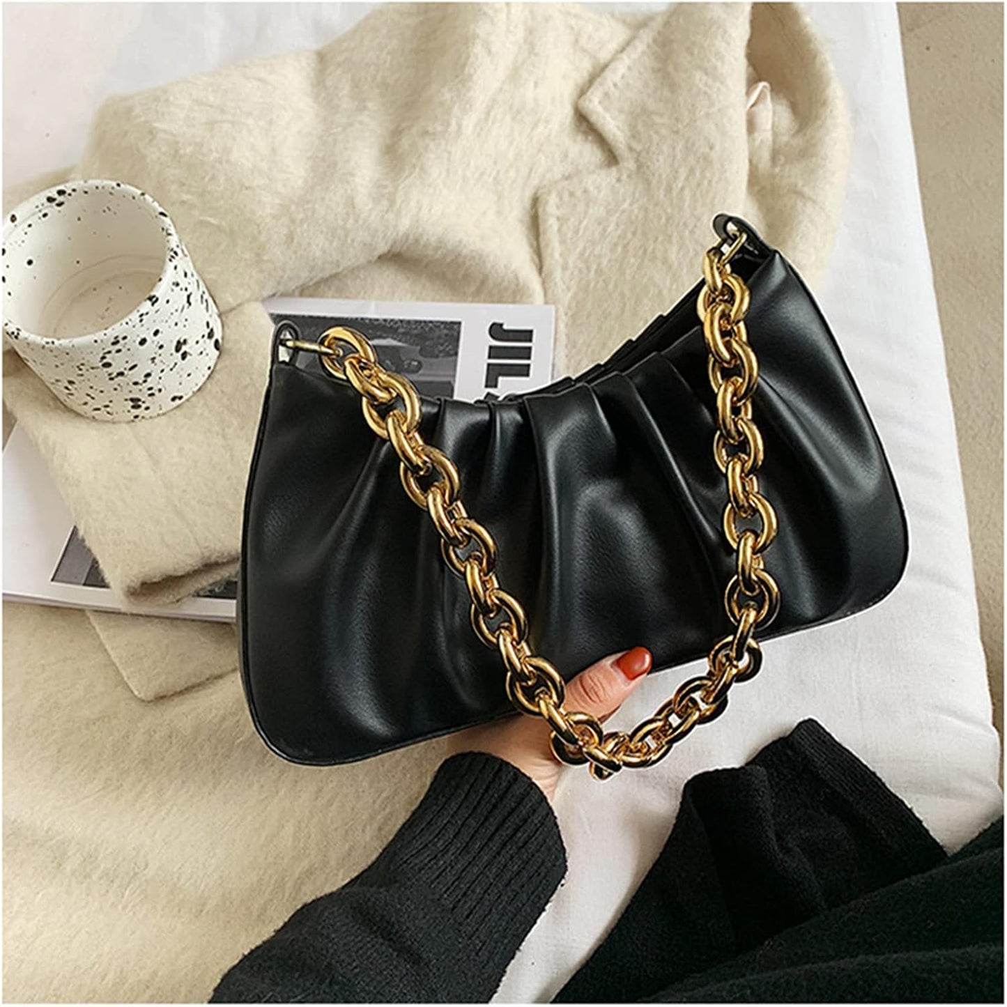 JOLLQUE Shoulder Bag for Women,Small Leather Handbag Purse,Gold Chain Evening Clutch