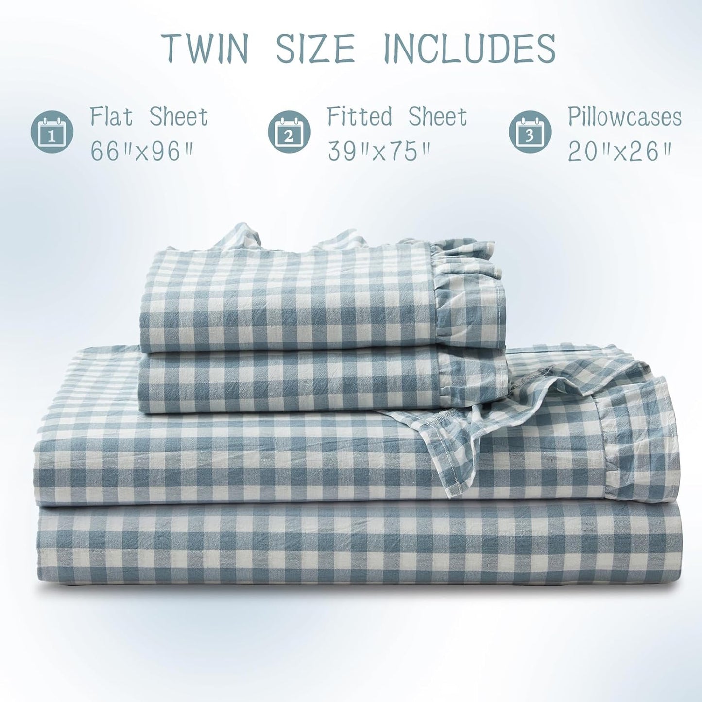 KKJIAF 3 Pieces Plaid Ruffle Twin Bed Sheets, Gingham Twin Sheet Set Comfy Breathable Ruffed Bed Sheet Set with 16 Inch Deep Pocket, Dusty Blue