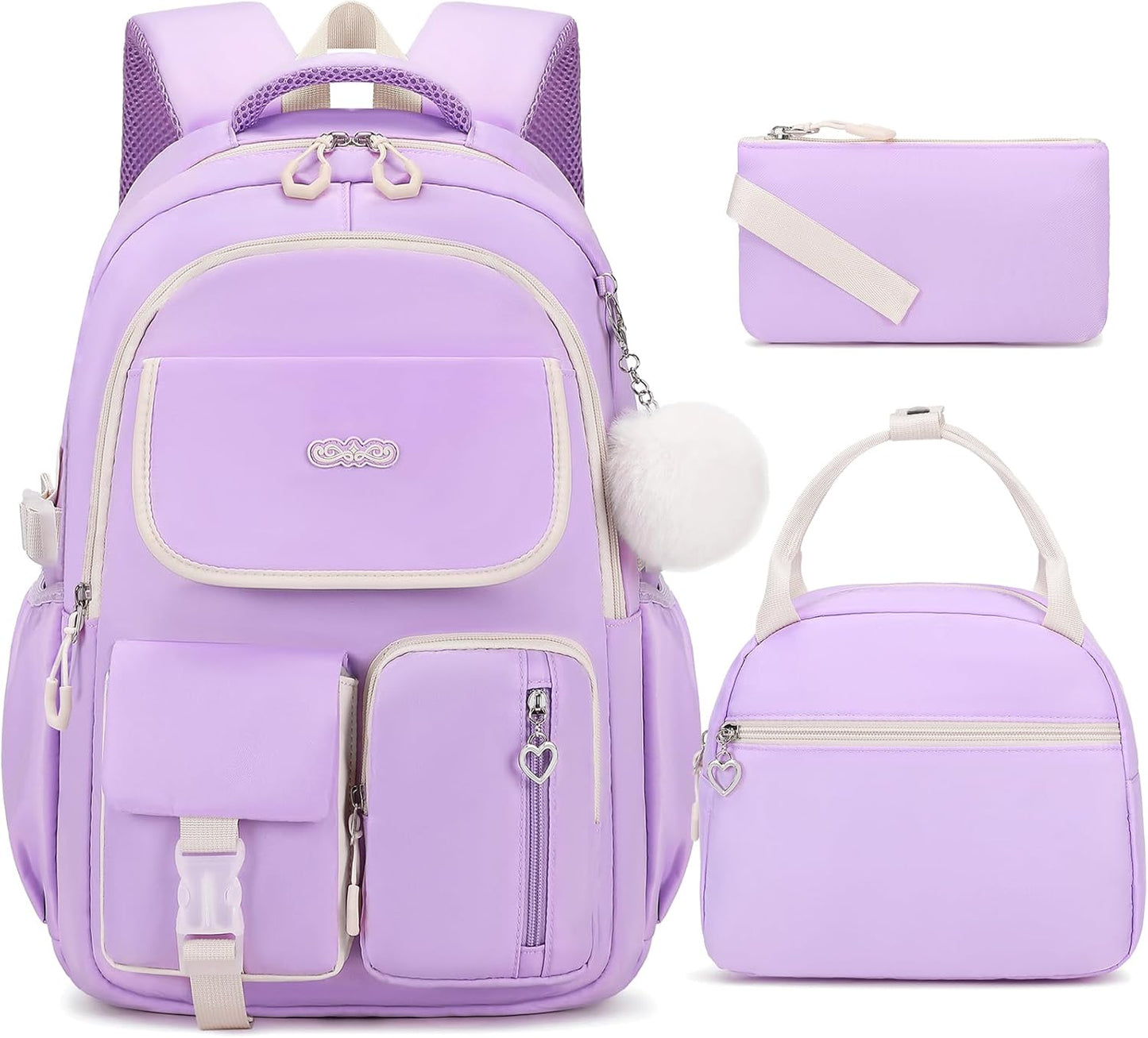 3PCS School Backpack for Girls with Lunch Box Pencil Pouch for Teen Girls Children Elementary Primary Middle High College Daypack School bag Bookbag Set Pink