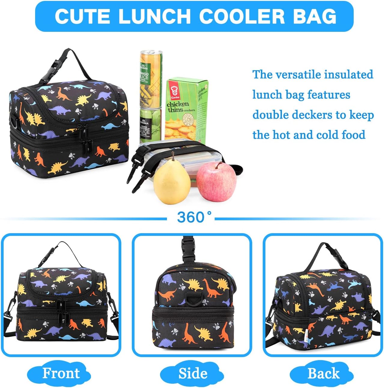 VASCHY Lunch Box Bag Men, Insulated Two Compartments Bento Cooler Bags for Adults/Women/Kids for School,Daycare,Kindergarten,Picnic Black