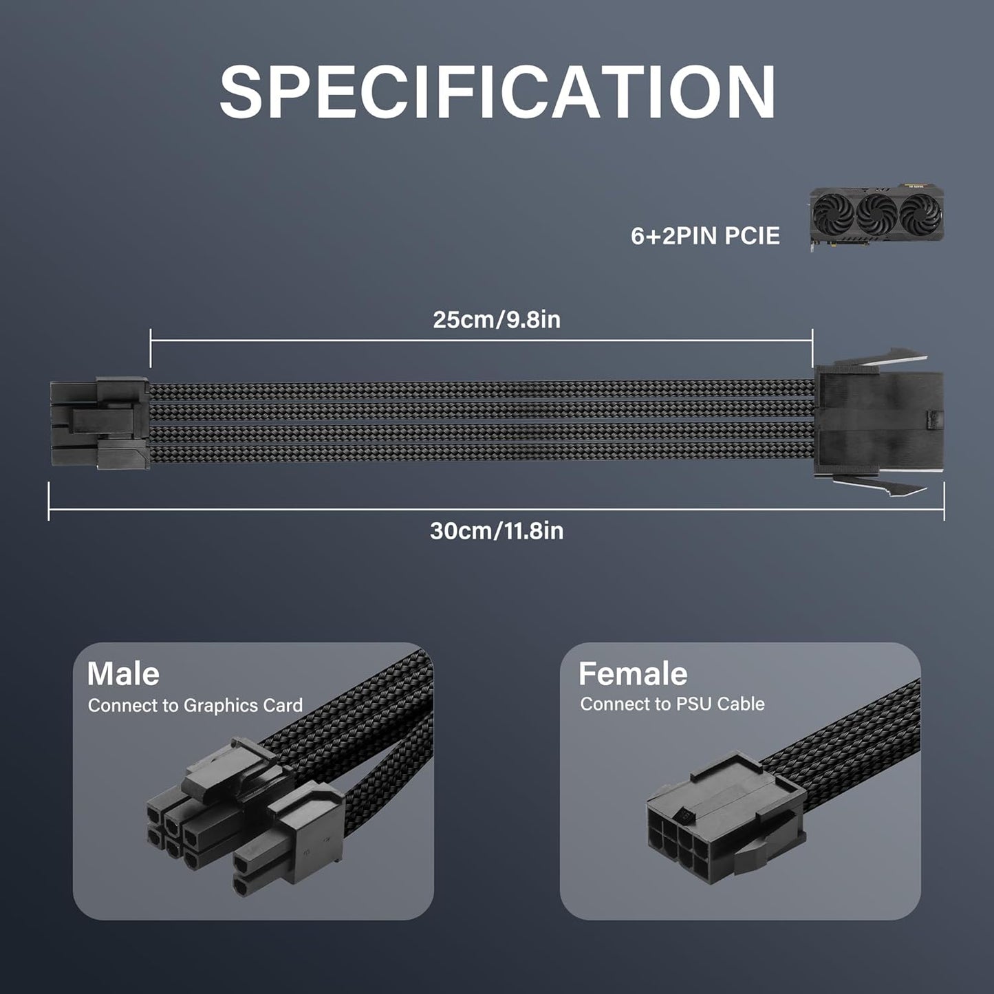 ELFJMZP 2PCS ATX 8PIN Famale to ATX 8PIN(6+2) Male Black Extension Cable Adaptor for PC Build High-End GPU Cable Layout - 30cm/11.8 in. (Black)