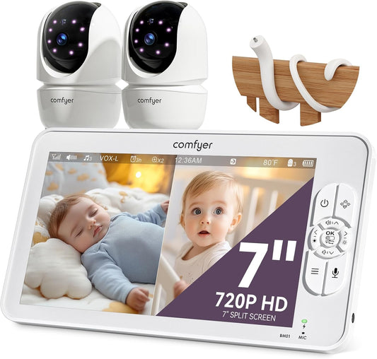 Comfyer 7" HD Split-Screen Baby Monitor with 2 Cameras, Video Baby Monitor with Camera and Audio, Flexible Bracket, Non-WiFi, VOX Mode, 2 Way Audio, Remote PTZ, Auto Night Vision
