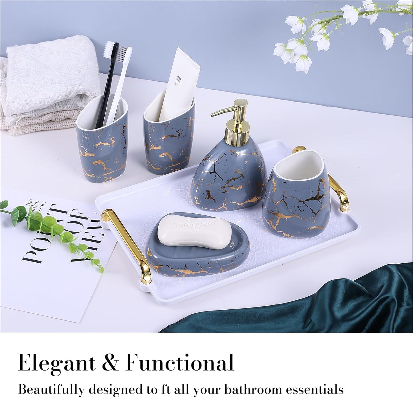 White Bathroom Accessories Set,Modern Countertop Bathroom Decor,Luxury 6 Piece Bathroom Accessory Set,Complete with Soap Dispenser,Toothbrush Holder,Tumbler,Tray