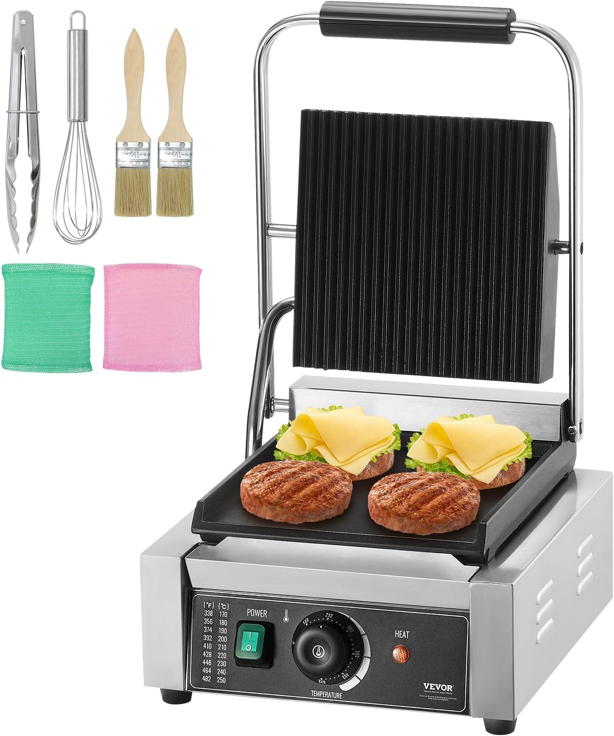 VEVOR 7 IN 1 Electric Contact Grill,1800W Indoor Panini Press Griddle,Stainless Steel Teppanyaki Grill with Nonstick&Removable Iron Plate, 0-446℉ Adjustable Temp Control,LCD Display,110V