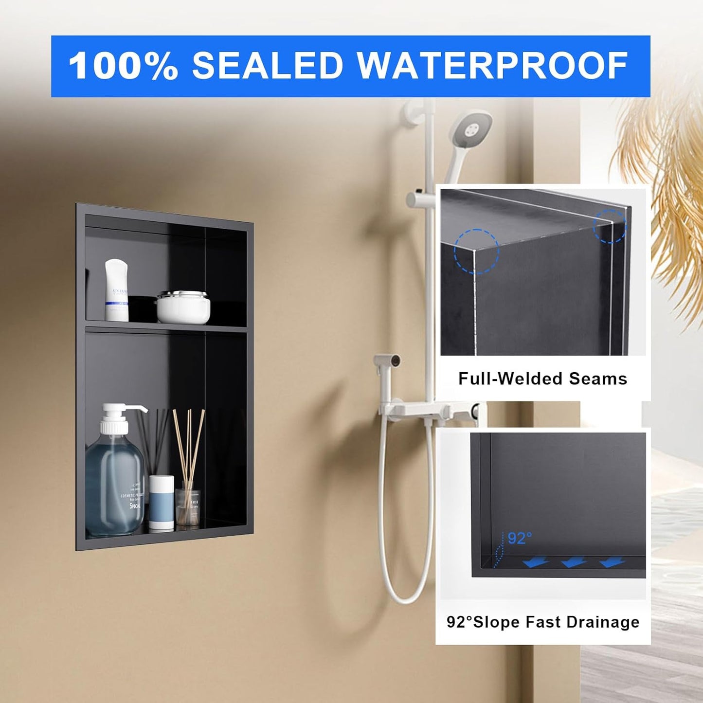 MENATT No Tile Shower Niche, Stainless Steel Wall Niche 13"X19"(Inner Size 12"X18"), Two-Tier Bathroom Shelf, NO Tile Needed Recessed Niche Shower for Bathroom Storage, Black