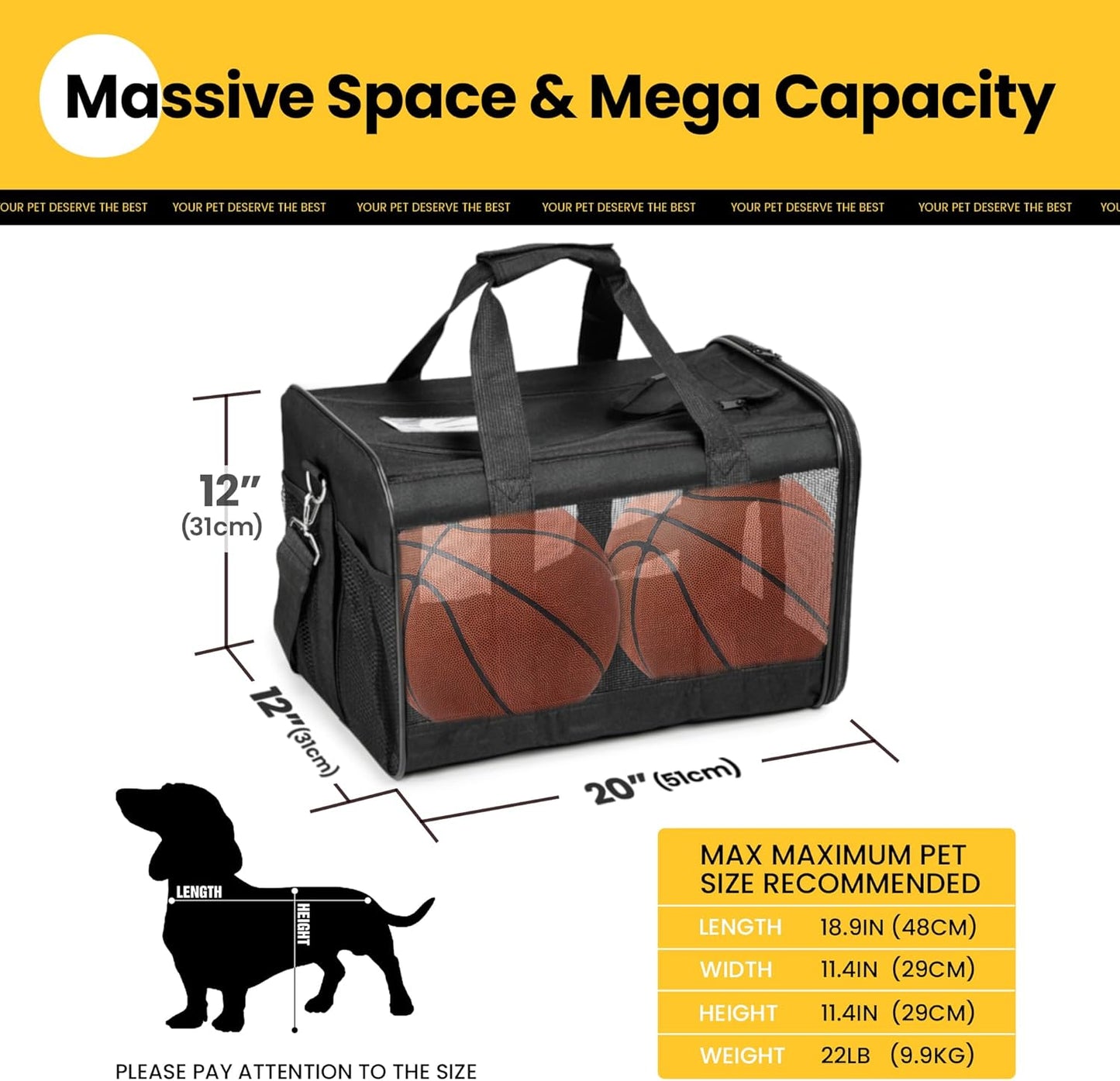Conlun Cat Carrier Airline Approved, Soft-Sided Dog Carrier with Inner Safety Leash, Pet Transport Carrier for Small-Medium Cats Puppies up to 15 Lbs, Collapsible Travel Kitten Carrier Bag -Black M