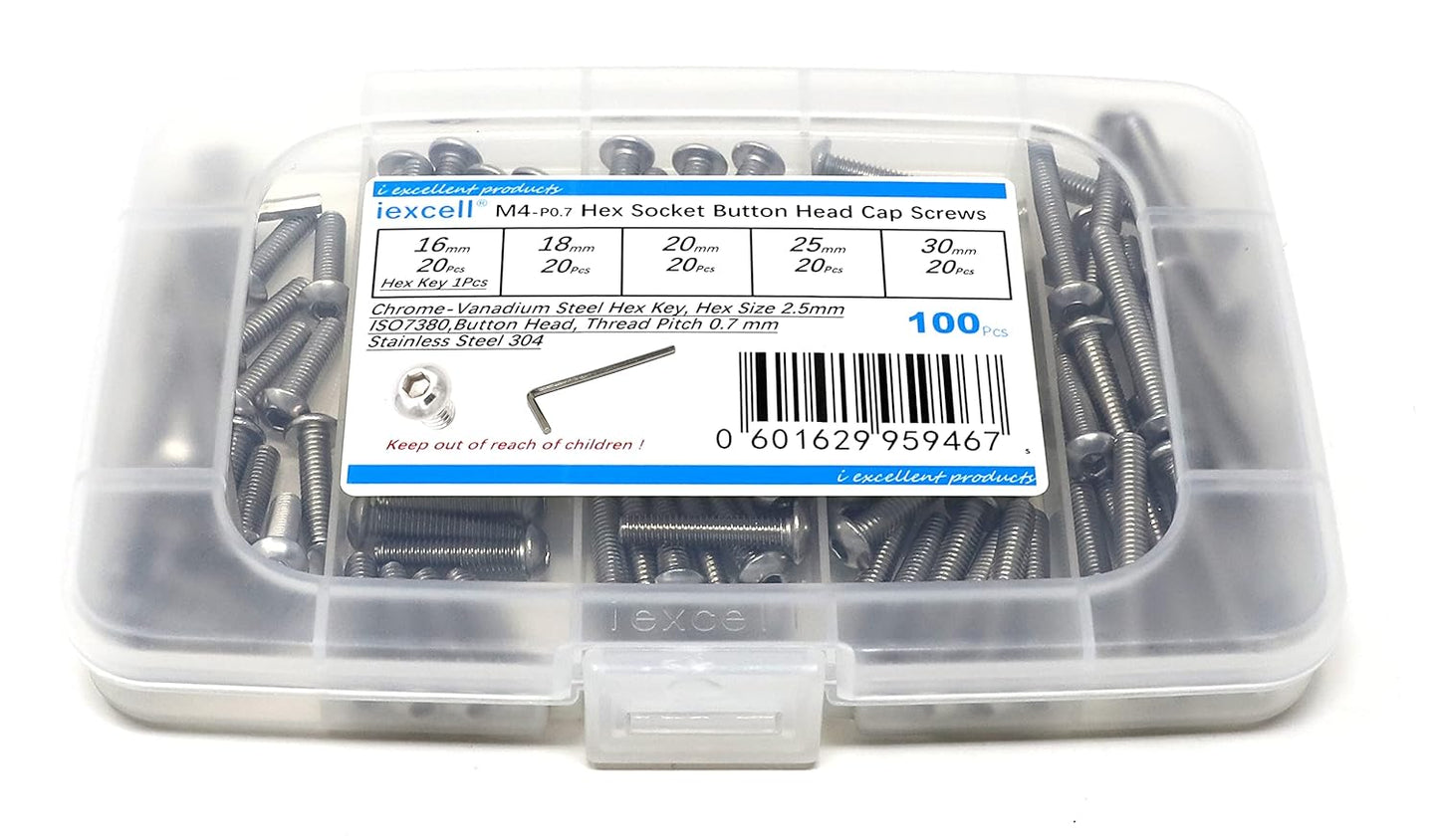 iexcell 50 Pcs M6 x 20mm Thread Pitch 1 mm Stainless Steel 304 Hex Socket Button Head Cap Screws Bolts Kit